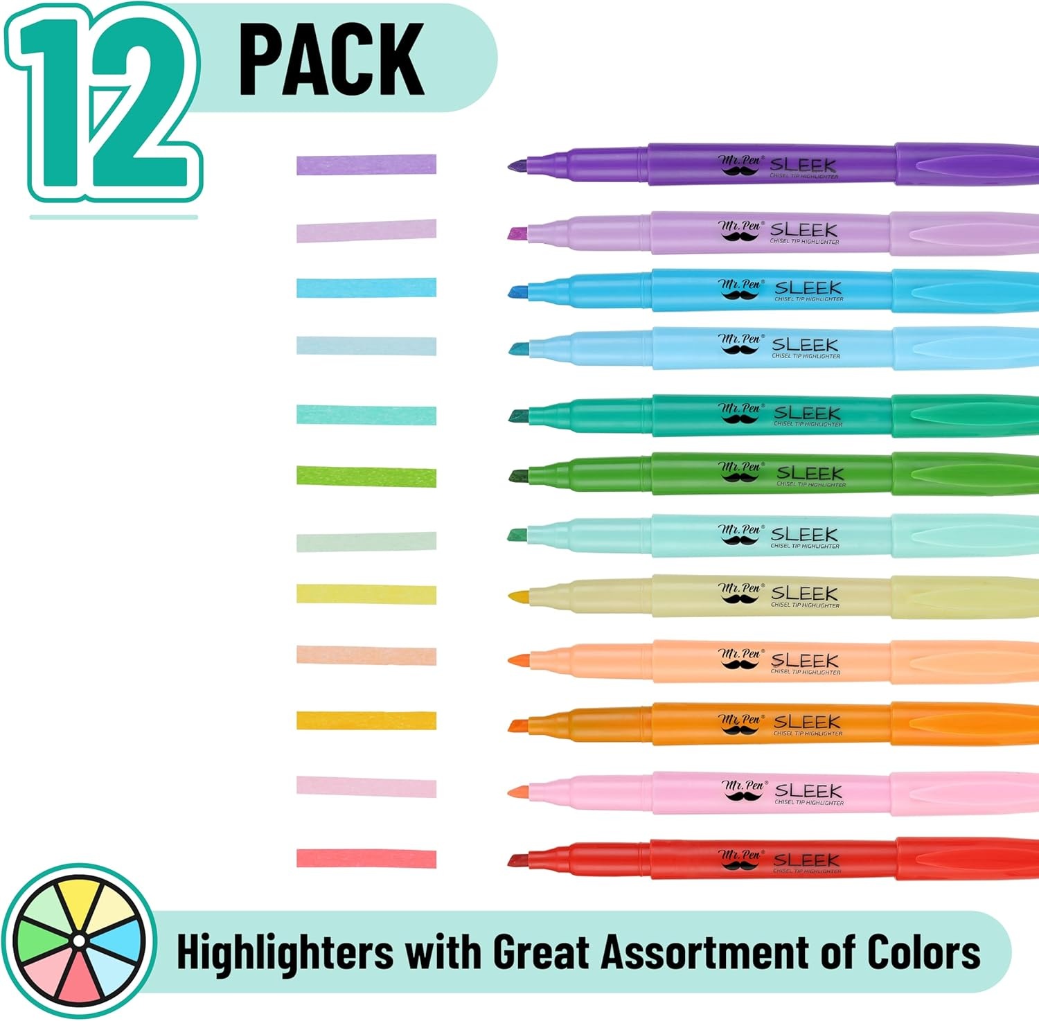 image:imageMr Pen Highlighters 12 Pack Pastel Colors Chisel Tip QuickDry SmearResistant Odorless Highlighters for School Office amp JournalingBright