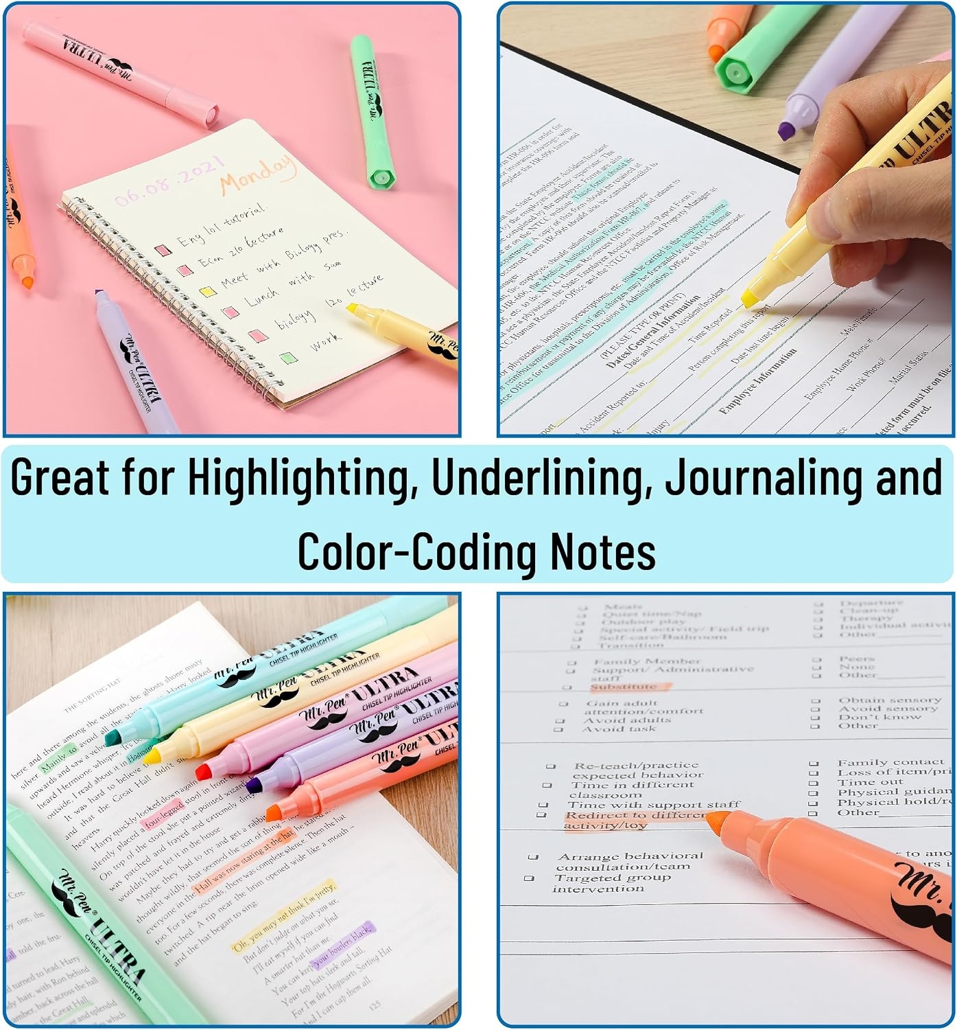 image:imageMr Pen Pastel Highlighter Tank Style 6 Pack Chisel Tip Colored Highlighters Pastel Bible Highlighter Multicolor Highlighters PackPastel