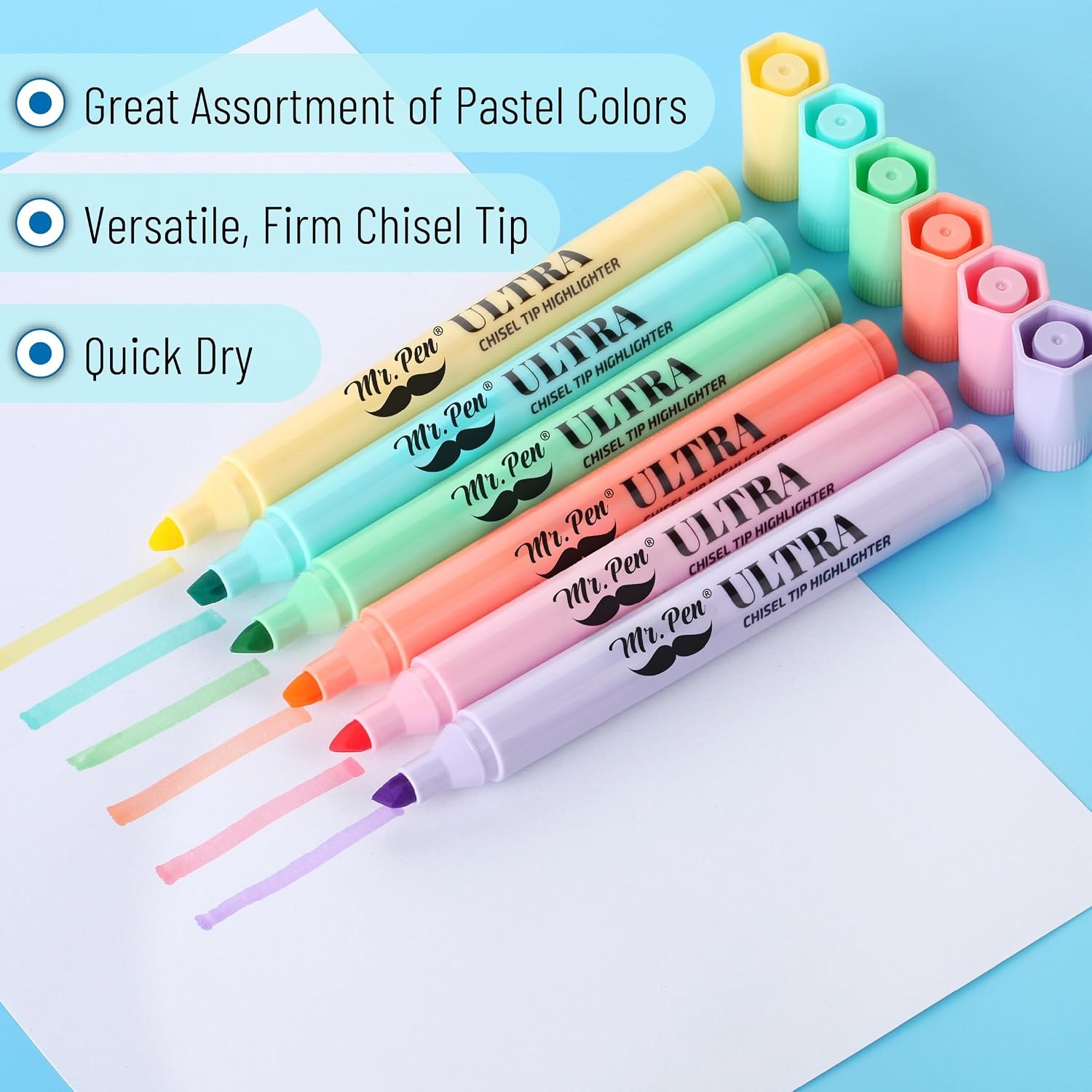 image:imageMr Pen Pastel Highlighter Tank Style 6 Pack Chisel Tip Colored Highlighters Pastel Bible Highlighter Multicolor Highlighters PackPastel