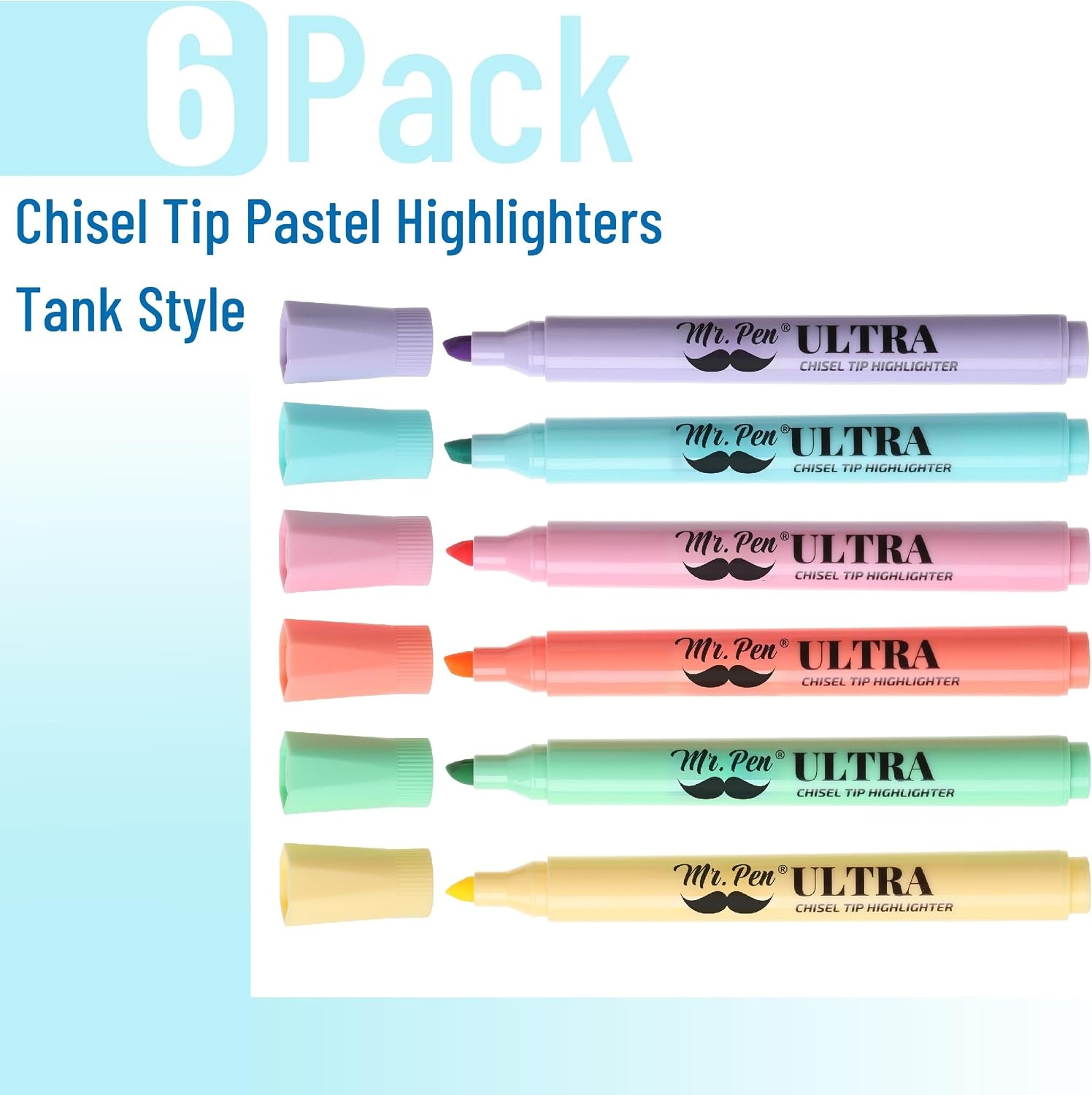 image:imageMr Pen Pastel Highlighter Tank Style 6 Pack Chisel Tip Colored Highlighters Pastel Bible Highlighter Multicolor Highlighters PackPastel