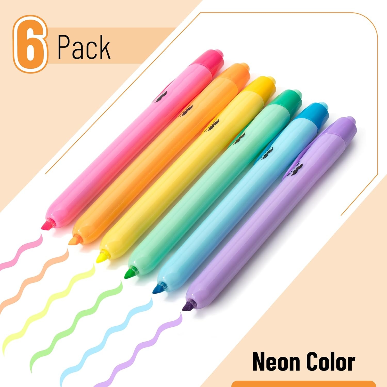 image:imageMr Pen Retractable Highlighters 6 Pack Pastel Colors Chisel Tip Highlighter Marker Set Click Highlighter Markers for Classroom Journaling Study Supplies No Bleed On Standard PagesBright