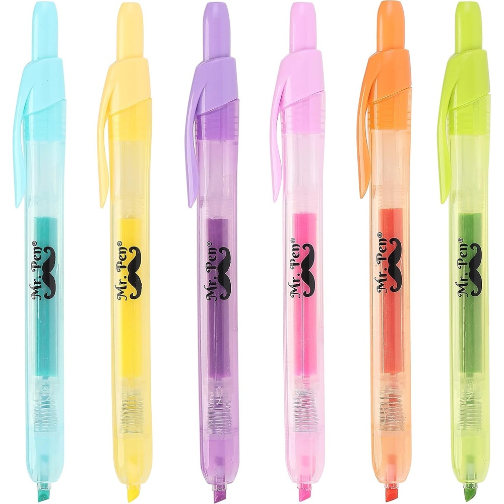 image:imageMr Pen Retractable Highlighters 6 Pack Pastel Colors Chisel Tip Highlighter Marker Set Click Highlighter Markers for Classroom Journaling Study Supplies No Bleed On Standard PagesPastel