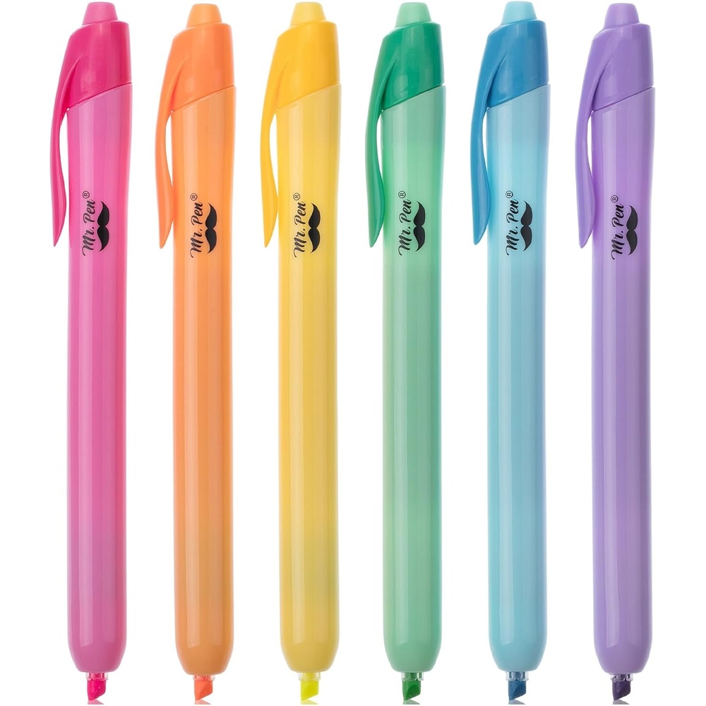image:imageMr Pen Retractable Highlighters 6 Pack Pastel Colors Chisel Tip Highlighter Marker Set Click Highlighter Markers for Classroom Journaling Study Supplies No Bleed On Standard PagesBright