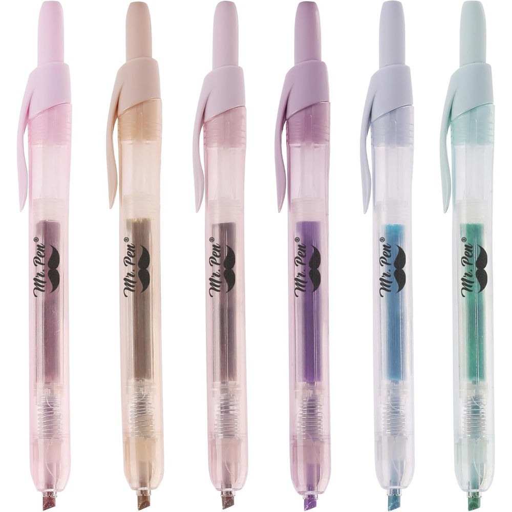 image:imageMr Pen Retractable Highlighters 6 Pack Pastel Colors Chisel Tip Highlighter Marker Set Click Highlighter Markers for Classroom Journaling Study Supplies No Bleed On Standard PagesMuted Pastel