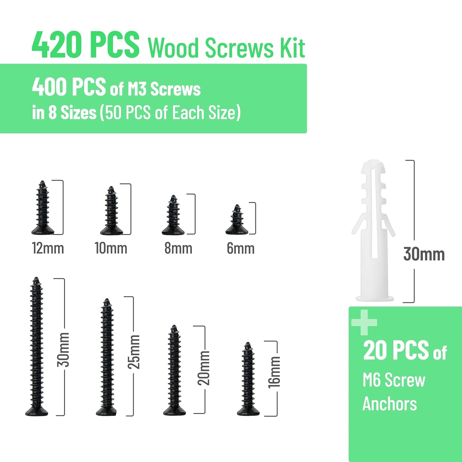 image:imageMr Pen Wood Screws Assortment Kit 400 pcs 20 M6 Screw Anchor  Black Wood Screws Phillips Tips Assorted Screws Screw Assortment Screw Set Assortment Screw Kit Flat Head Screws