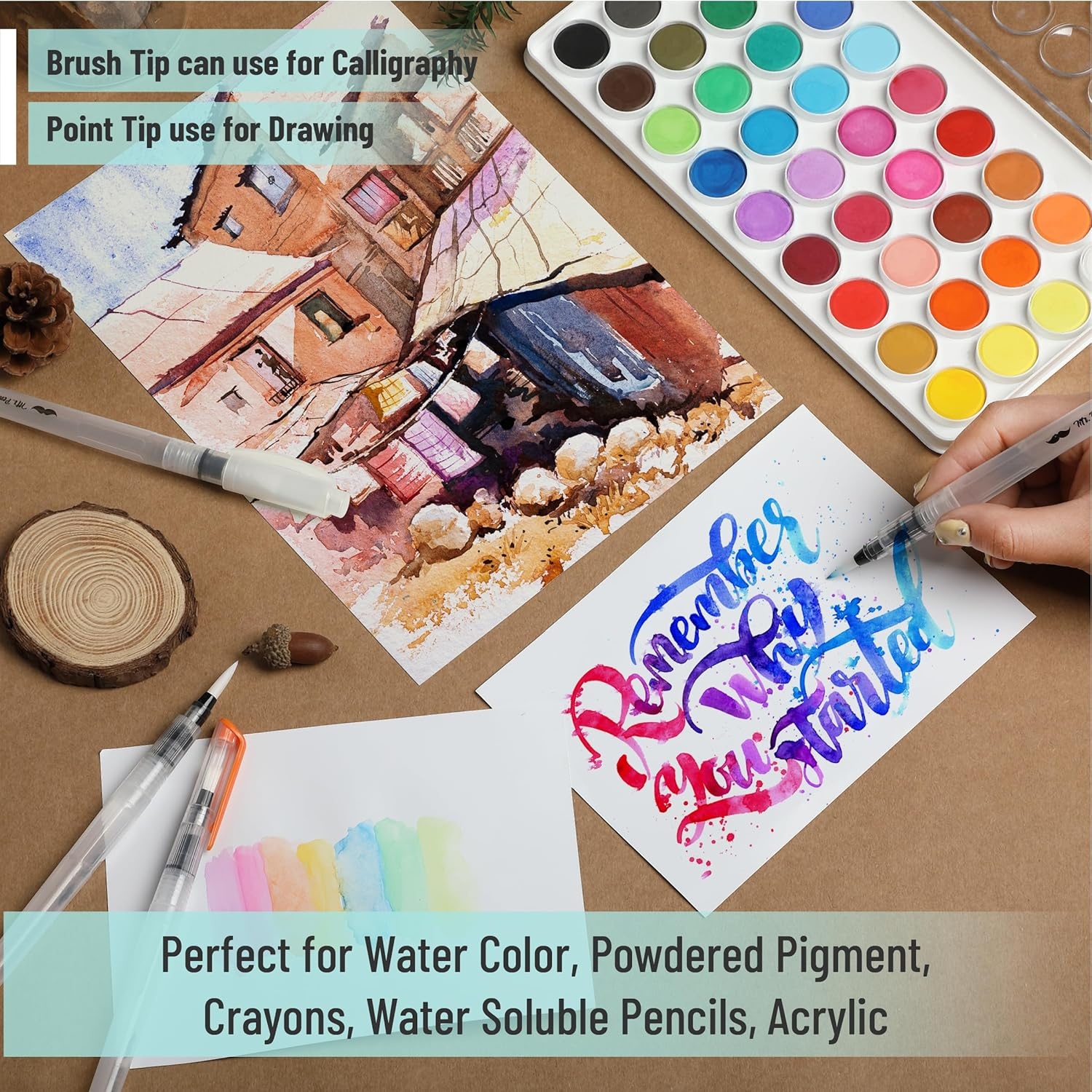 image:imageMr Pen Watercolor Brush Pens 12 pcs  6 x Point Tips and 6 x Flat Tips Styles Nylon Bristles Refillable Watercolor Pens for Acrylic Gouache Crayons