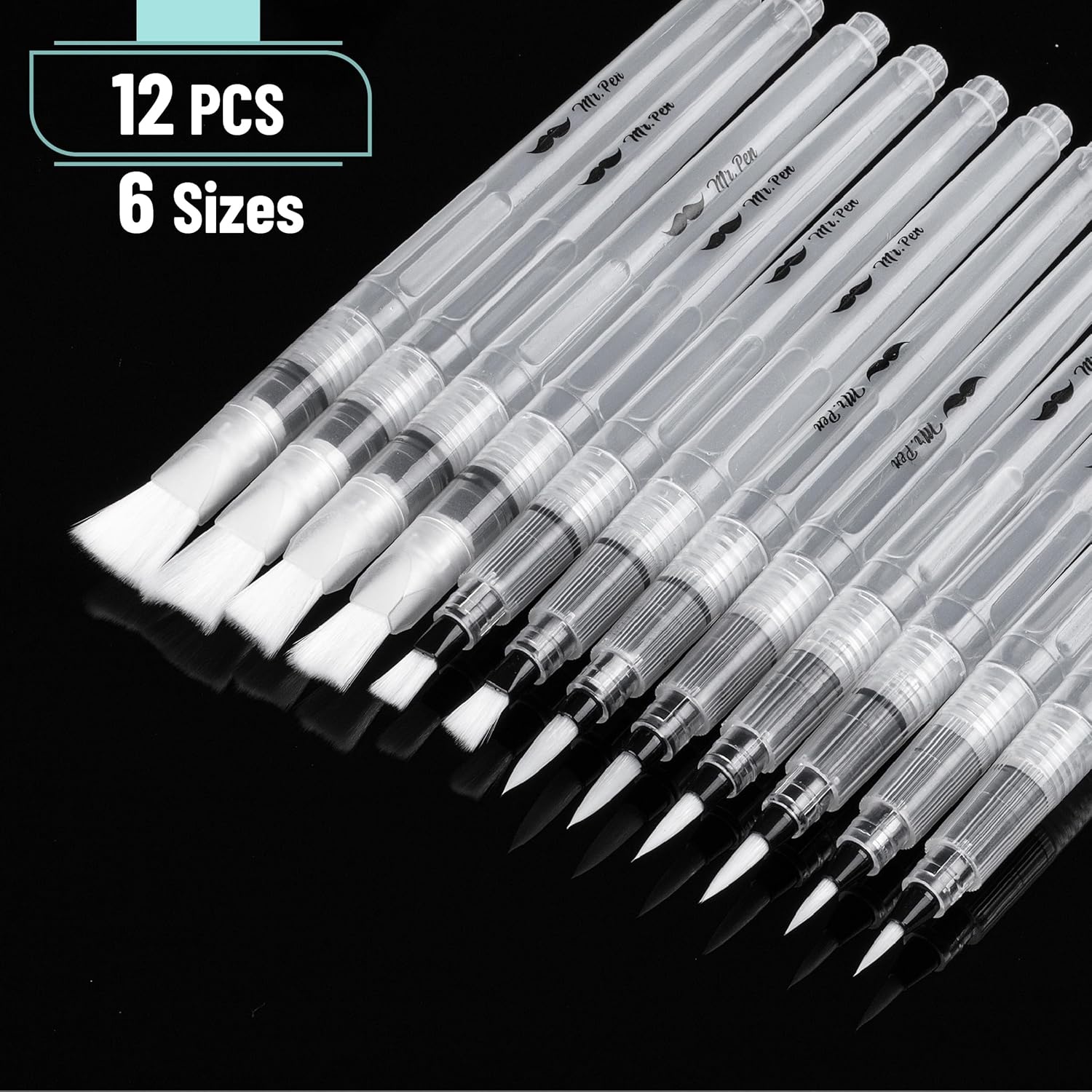 image:imageMr Pen Watercolor Brush Pens 12 pcs  6 x Point Tips and 6 x Flat Tips Styles Nylon Bristles Refillable Watercolor Pens for Acrylic Gouache Crayons