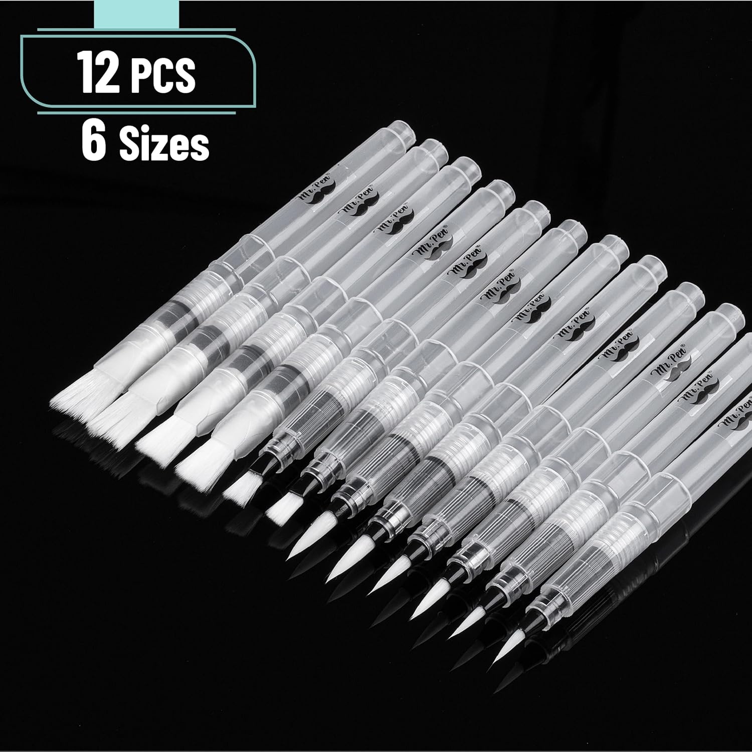 image:imageMr Pen Watercolor Brush Pens 12 pcs  6 x Point Tips and 6 x Flat Tips Styles Refillable Watercolor Pens for Acrylic Gouache Painting Crayons