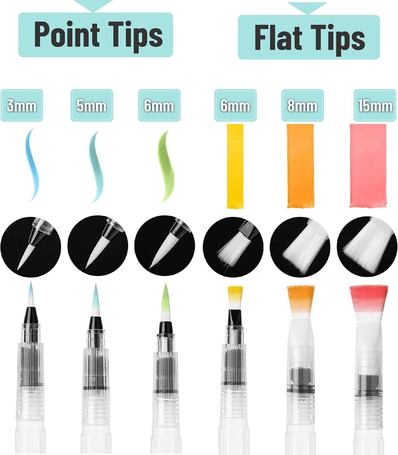 image:imageMr Pen Watercolor Brush Pens 12 pcs  6 x Point Tips and 6 x Flat Tips Styles Refillable Watercolor Pens for Acrylic Gouache Painting Crayons