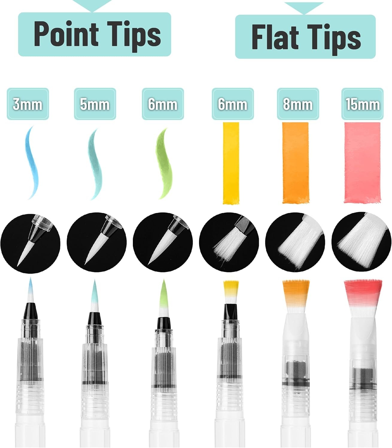image:imageMr Pen Watercolor Brush Pens 18 pcs  9 x Point Tips and 9 x Flat Tips Styles Nylon Bristles Refillable Watercolor Pens for Acrylic Gouache Crayons