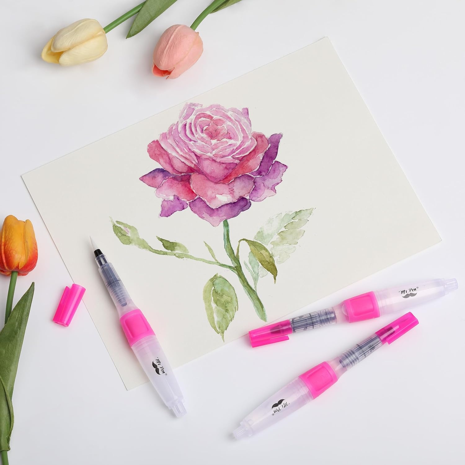 image:imageMr Pen Watercolor Brush Pens 4 pcs 3 x Point Tips and Flat Tips Styles  Large Nylon Bristles Refillable Watercolor Pens for Acrylic Gouache Crayons Ideal for Artists Drawing Sketching