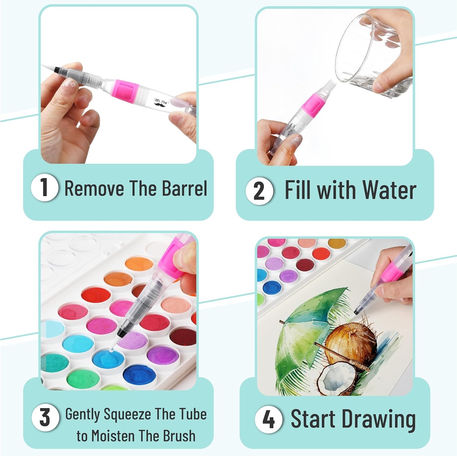 image:imageMr Pen Watercolor Brush Pens 4 pcs 3 x Point Tips and Flat Tips Styles  Large Nylon Bristles Refillable Watercolor Pens for Acrylic Gouache Crayons Ideal for Artists Drawing Sketching