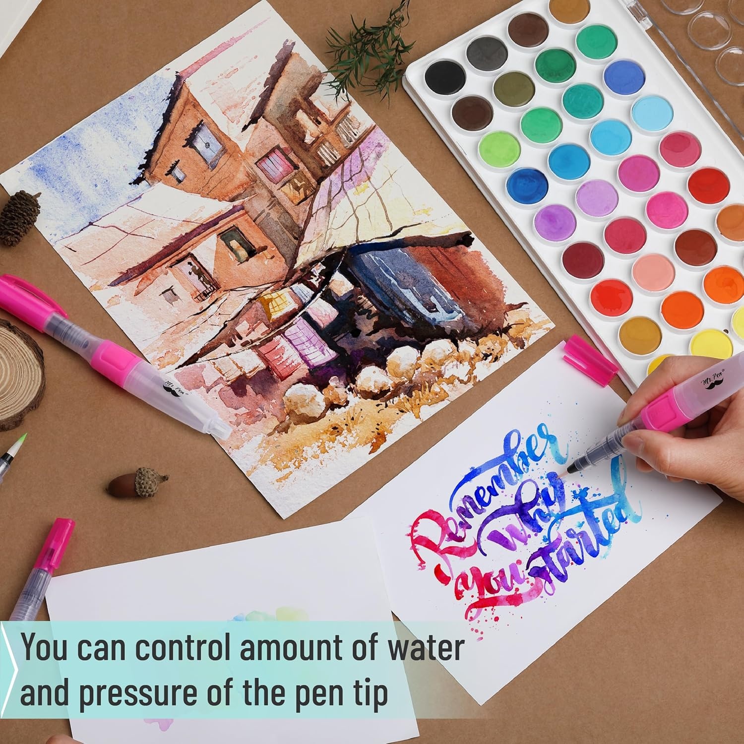 image:imageMr Pen Watercolor Brush Pens 4 pcs 3 x Point Tips and Flat Tips Styles  Large Nylon Bristles Refillable Watercolor Pens for Acrylic Gouache Crayons Ideal for Artists Drawing Sketching