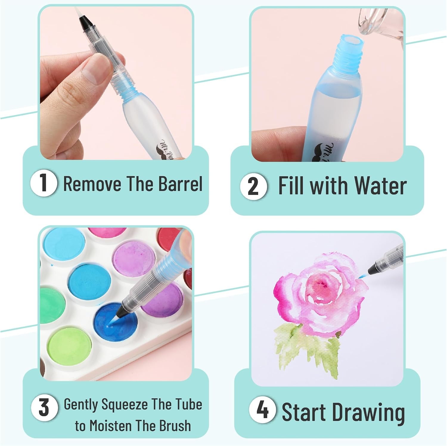 image:imageMr Pen Watercolor Brush Pens 4 pcs 4 x Point Tips Blue Set Large  Nylon Bristles Refillable Watercolor Pens for Acrylic Gouache Crayons Ideal for Artists Drawing Sketching