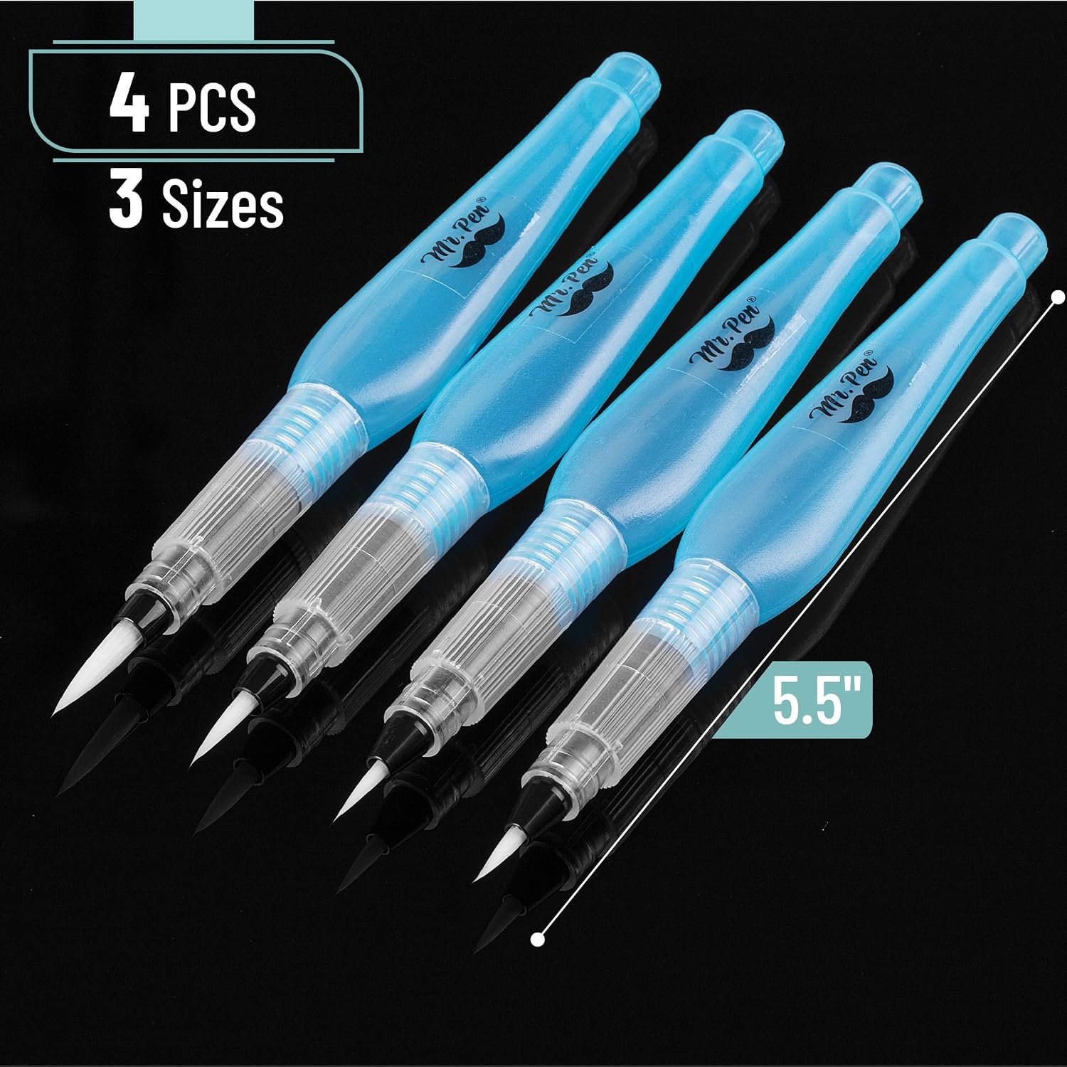 image:imageMr Pen Watercolor Brush Pens 4 pcs 4 x Point Tips Blue Set Large  Nylon Bristles Refillable Watercolor Pens for Acrylic Gouache Crayons Ideal for Artists Drawing Sketching