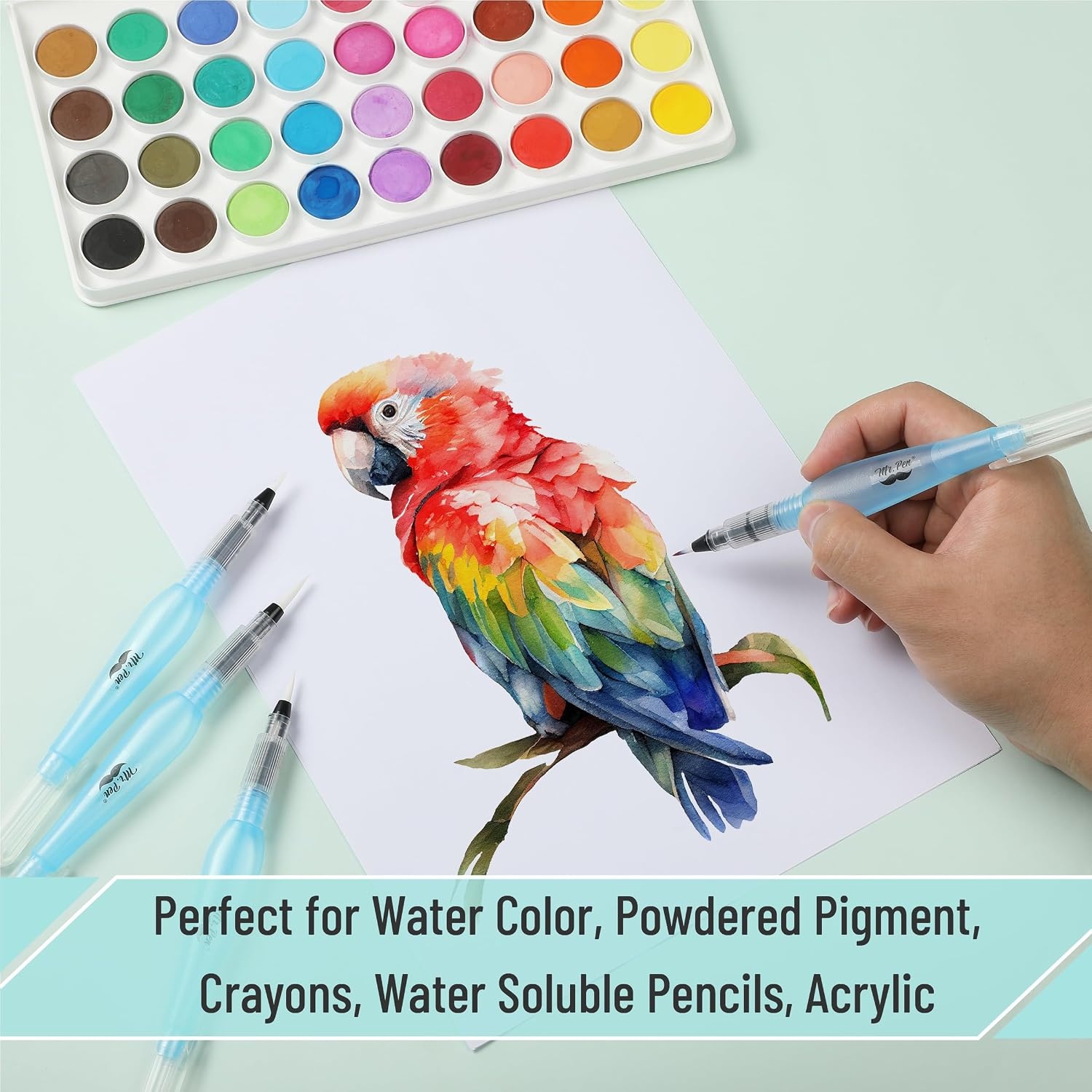 image:imageMr Pen Watercolor Brush Pens 4 pcs 4 x Point Tips Blue Set Large  Nylon Bristles Refillable Watercolor Pens for Acrylic Gouache Crayons Ideal for Artists Drawing Sketching