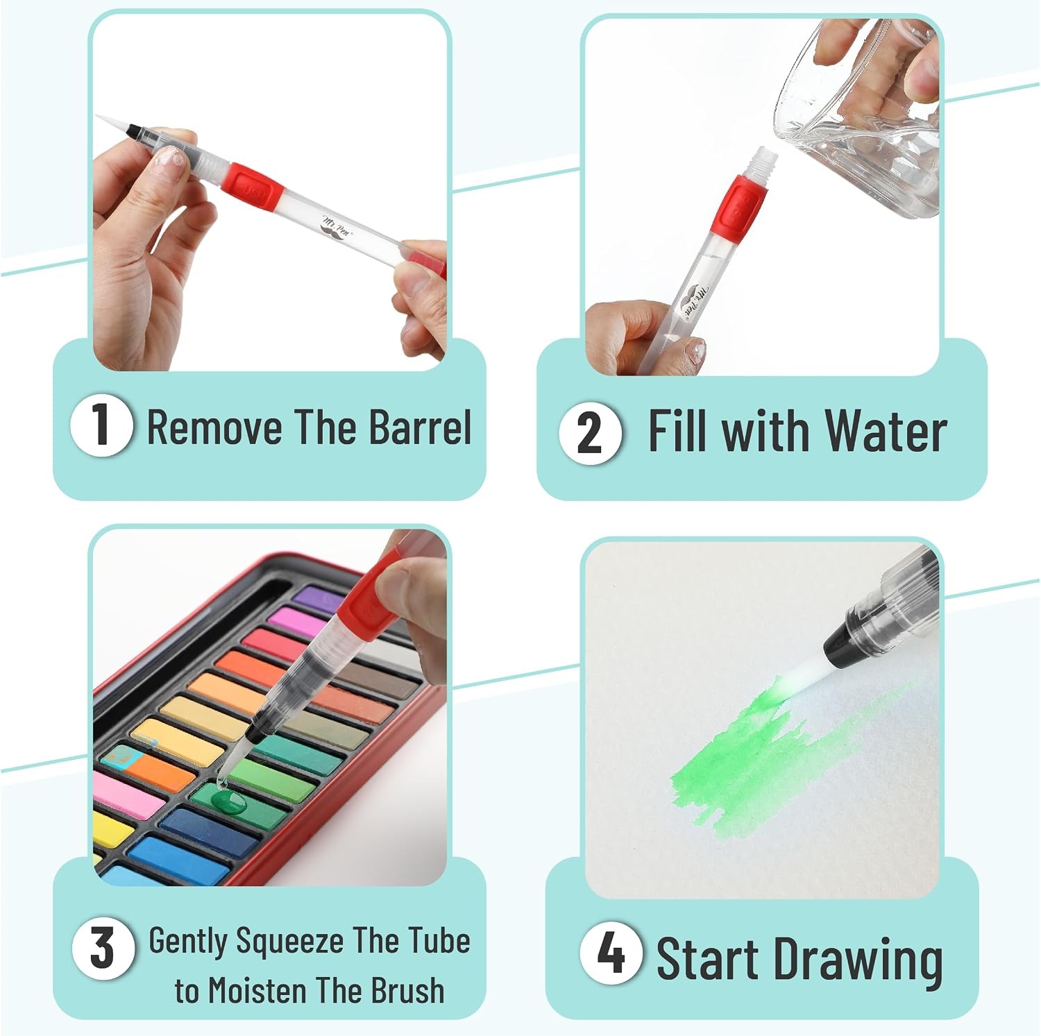 image:imageMr Pen Watercolor Brush Pens 6 pcs  3 x Point Tips and 3 x Flat Tips Styles Nylon Bristles Refillable Watercolor Pens for Acrylic Gouache Crayons