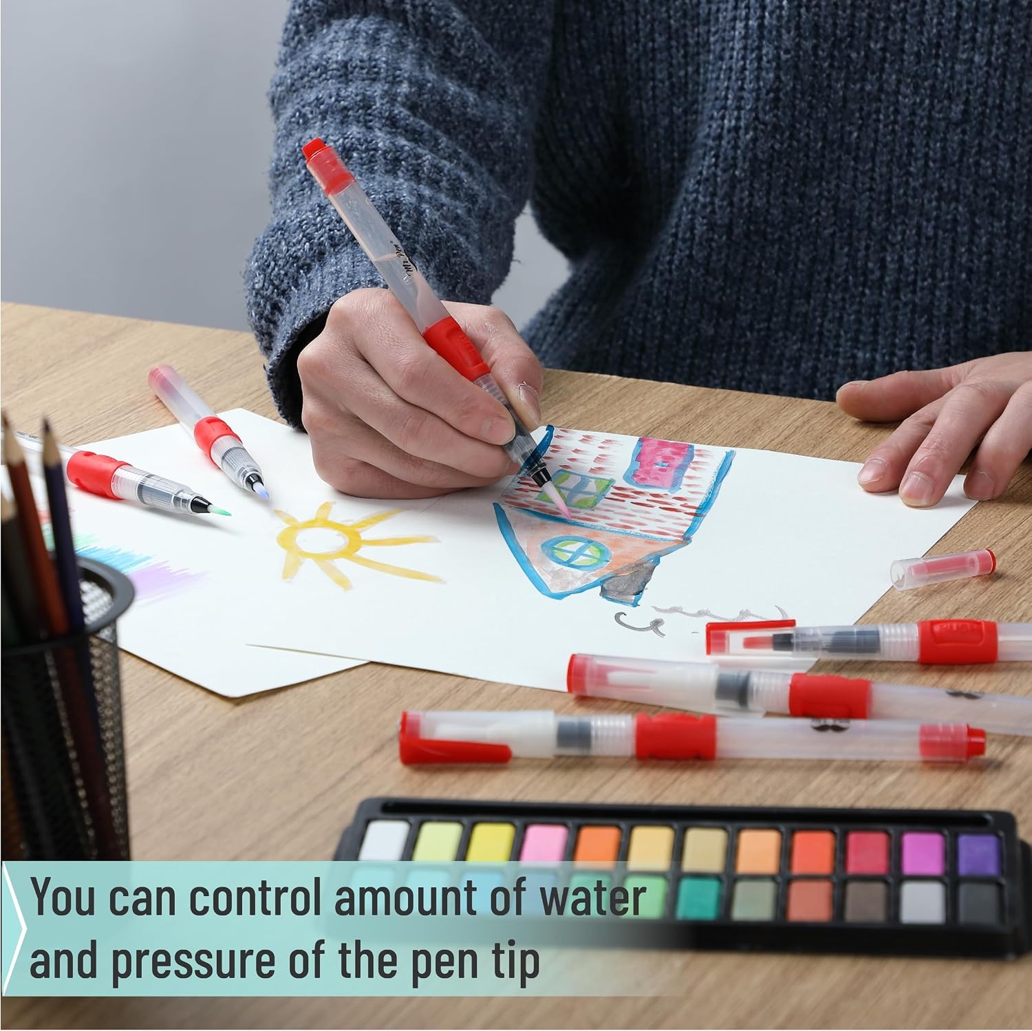 image:imageMr Pen Watercolor Brush Pens 6 pcs  3 x Point Tips and 3 x Flat Tips Styles Nylon Bristles Refillable Watercolor Pens for Acrylic Gouache Crayons