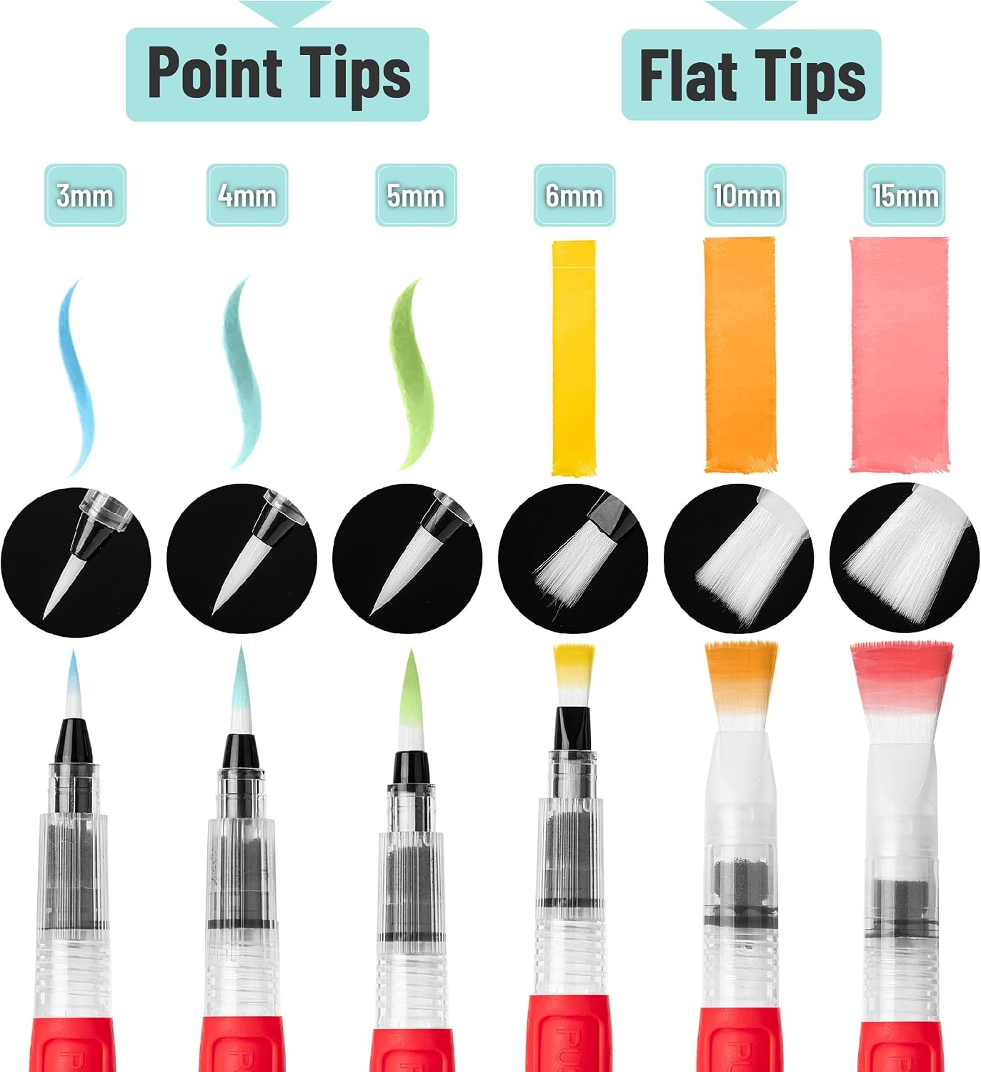 image:imageMr Pen Watercolor Brush Pens 6 pcs  3 x Point Tips and 3 x Flat Tips Styles Nylon Bristles Refillable Watercolor Pens for Acrylic Gouache Crayons
