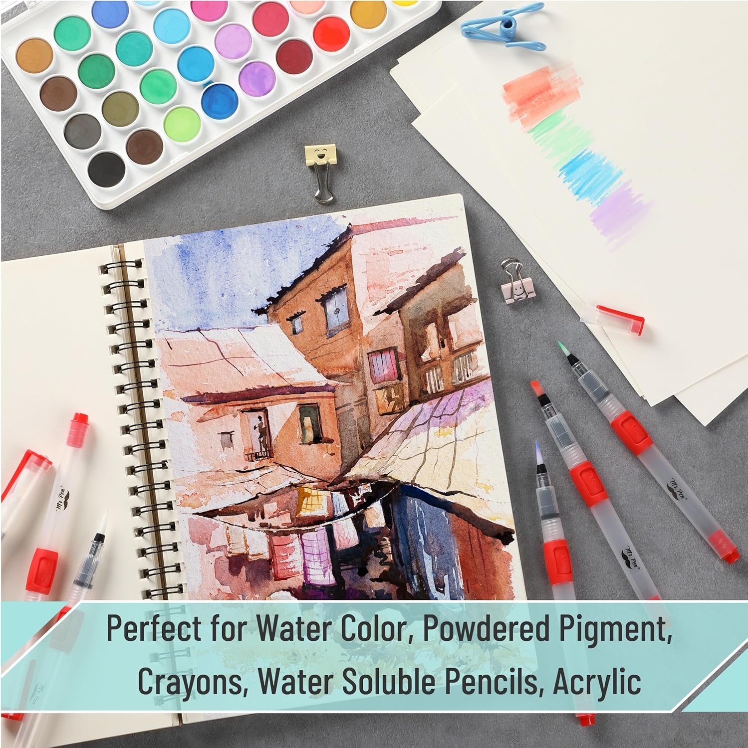 image:imageMr Pen Watercolor Brush Pens 6 pcs  3 x Point Tips and 3 x Flat Tips Styles Nylon Bristles Refillable Watercolor Pens for Acrylic Gouache Crayons