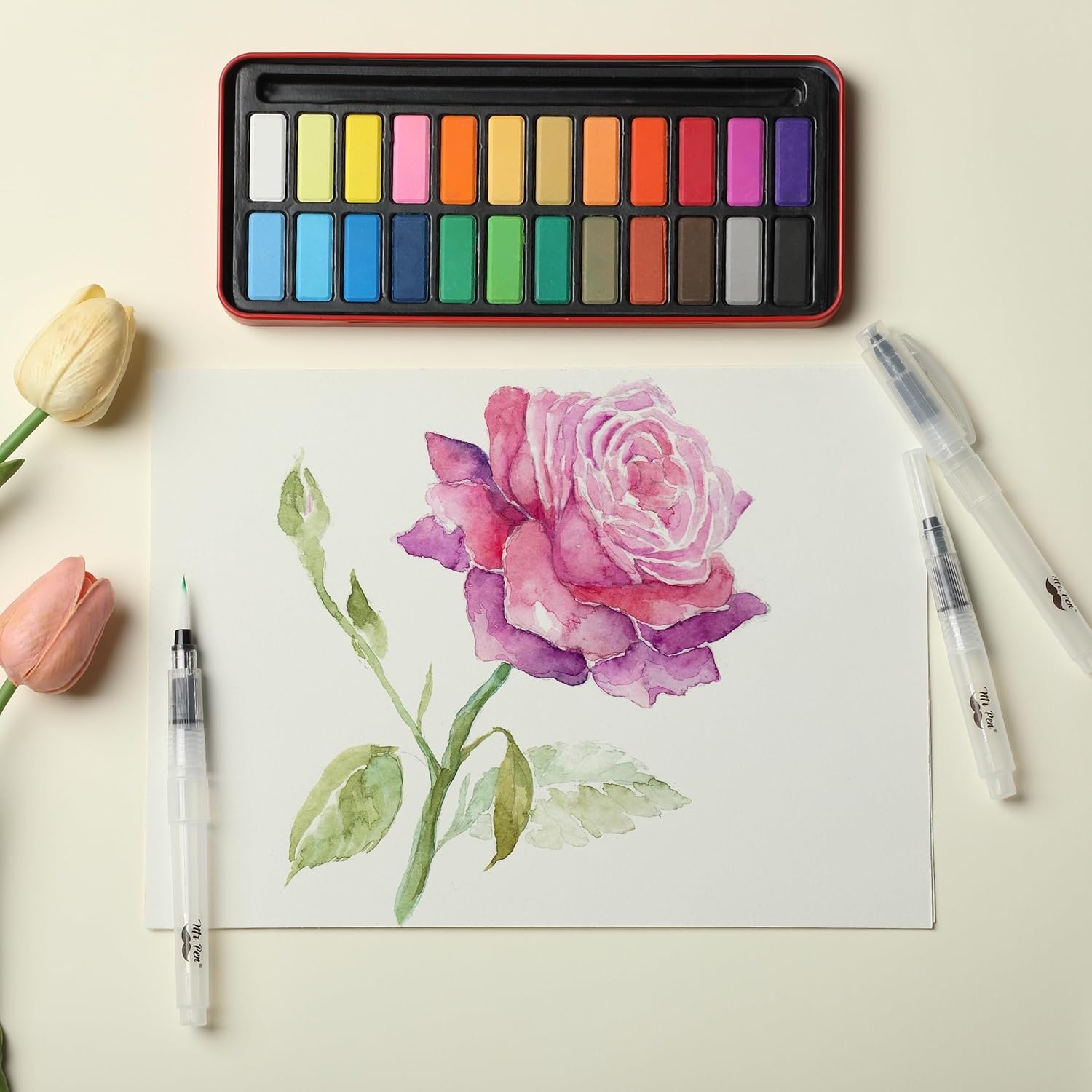 image:imageMr Pen Watercolor Brush Pens 9 pcs  6 x Point Tips and 3 x Flat Tips Styles Nylon Bristles Refillable Watercolor Pens for Acrylic Gouache Crayons