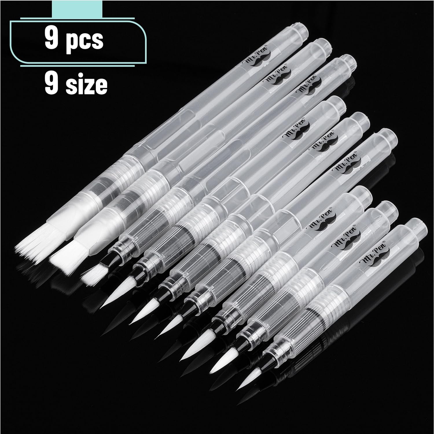 image:imageMr Pen Watercolor Brush Pens 9 pcs  6 x Point Tips and 3 x Flat Tips Styles Nylon Bristles Refillable Watercolor Pens for Acrylic Gouache Crayons