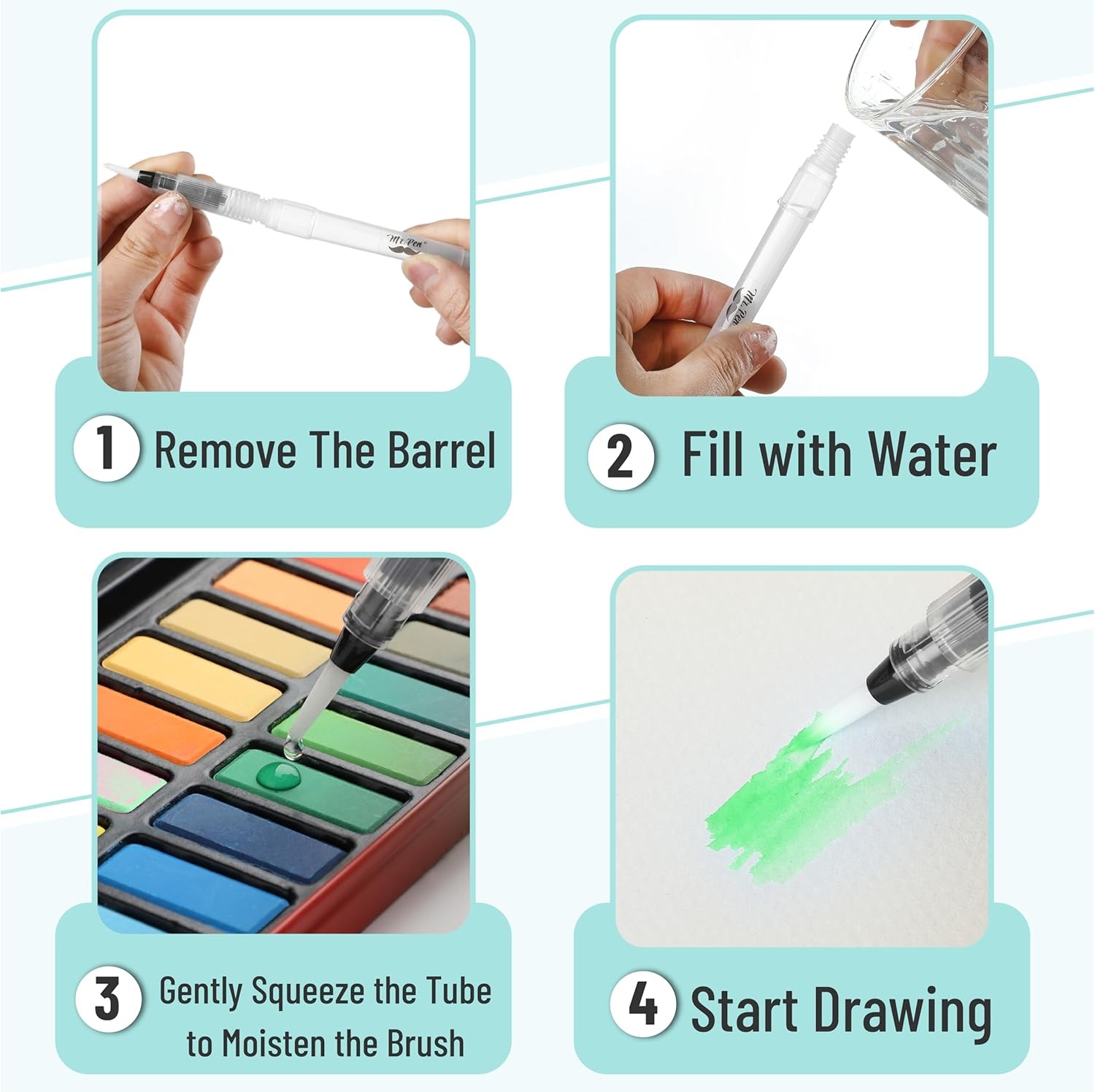 image:imageMr Pen Watercolor Brush Pens 9 pcs  6 x Point Tips and 3 x Flat Tips Styles Nylon Bristles Refillable Watercolor Pens for Acrylic Gouache Crayons
