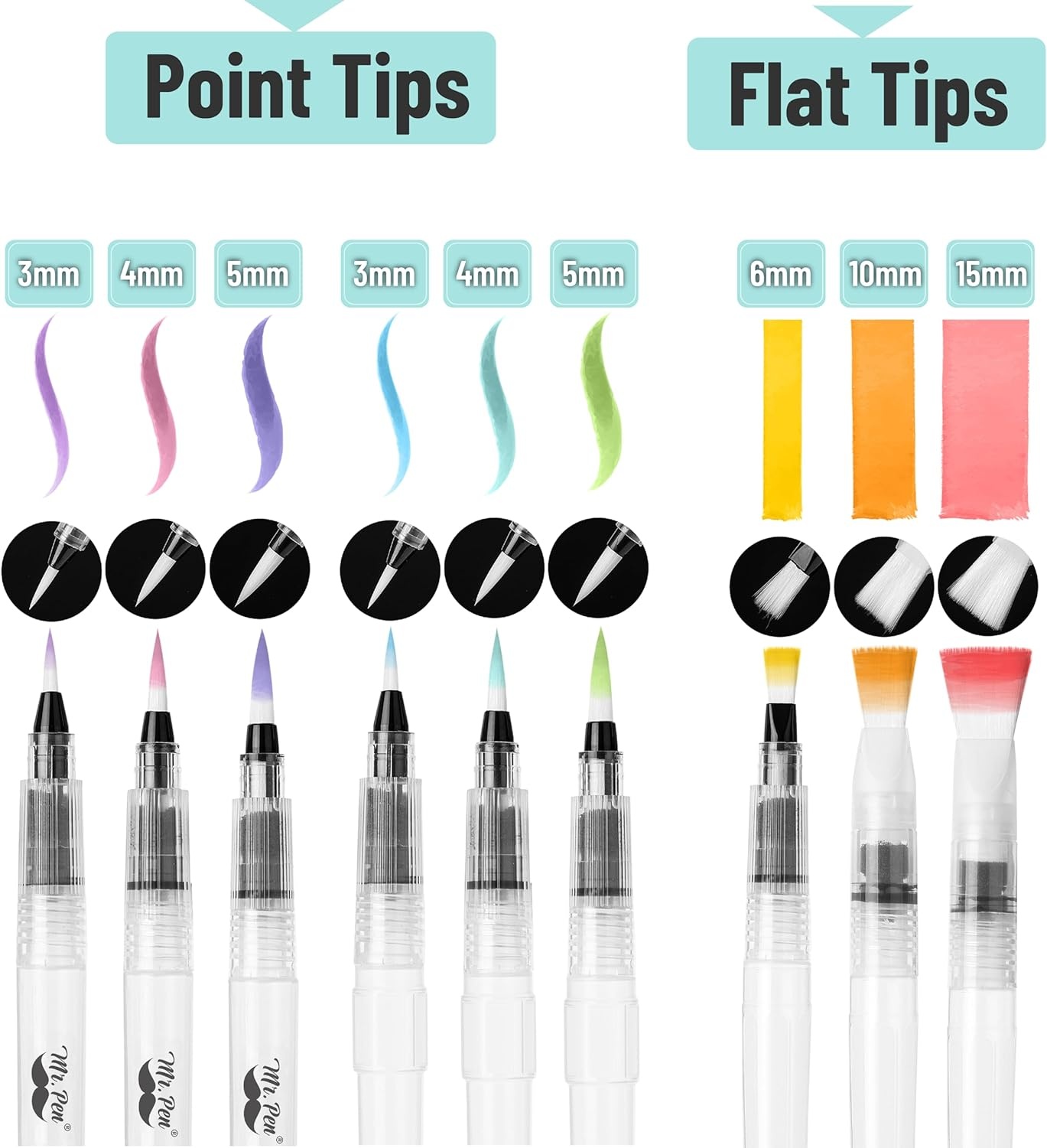 image:imageMr Pen Watercolor Brush Pens 9 pcs  6 x Point Tips and 3 x Flat Tips Styles Nylon Bristles Refillable Watercolor Pens for Acrylic Gouache Crayons