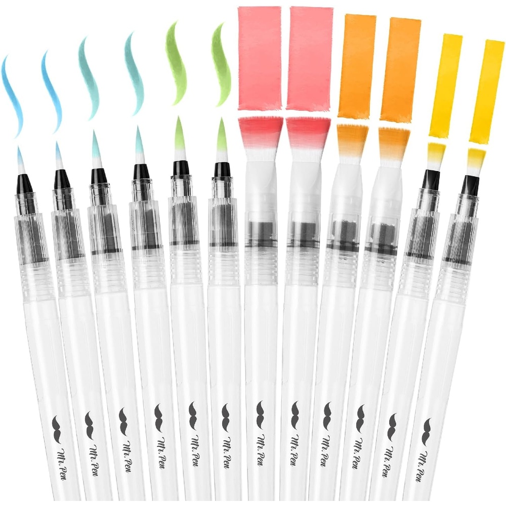 image:imageMr Pen Watercolor Brush Pens 12 pcs  6 x Point Tips and 6 x Flat Tips Styles Nylon Bristles Refillable Watercolor Pens for Acrylic Gouache Crayons