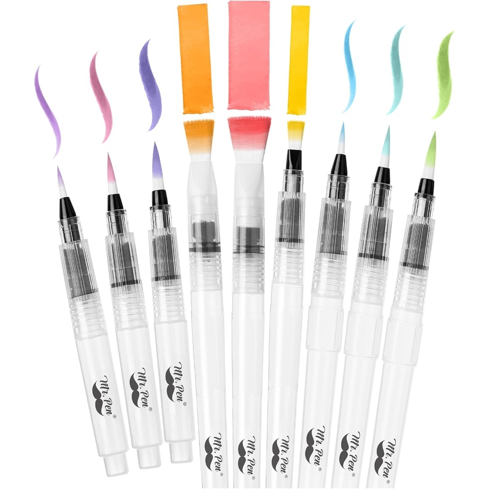 image:imageMr Pen Watercolor Brush Pens 9 pcs  6 x Point Tips and 3 x Flat Tips Styles Nylon Bristles Refillable Watercolor Pens for Acrylic Gouache Crayons