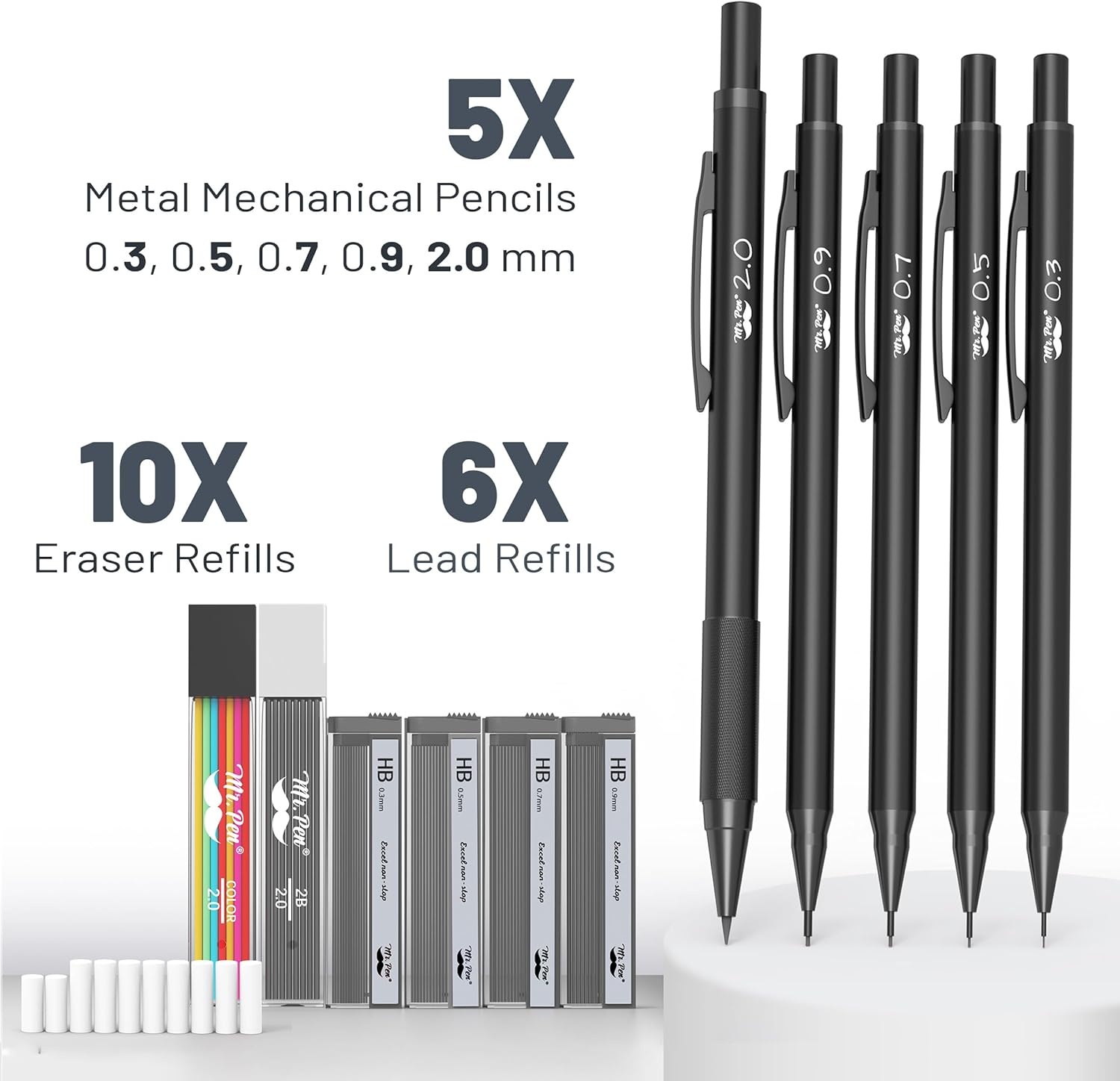 image:imageMr Pen Metal Mechanical Pencil Set with Lead Refills amp Erasers 5 Pack  5 Sizes 03 05 07 09 amp 2mm 6x Tubes HB 2B amp Colored Lead Refills for School Supplies Note Taking Fathers Day Gift5 Count Pack of 1