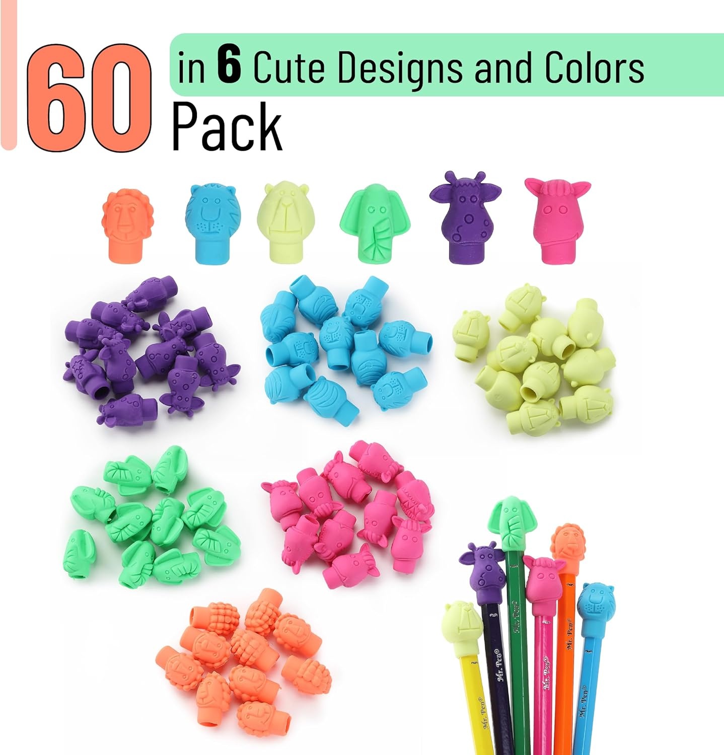 image:imageMr Pen Animal Pencil Top Eraser 60 Pack 6 Assorted Styles  Colorful Cute Animal Designs LatexFree NonToxic Cap Pencil Erasers for Kids TeachersAssorted