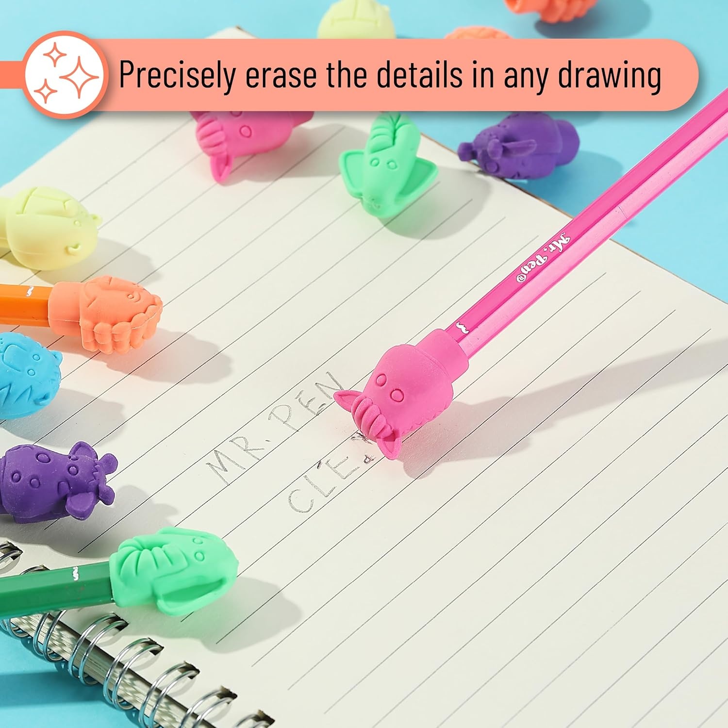 image:imageMr Pen Animal Pencil Top Eraser 60 Pack 6 Assorted Styles  Colorful Cute Animal Designs LatexFree NonToxic Cap Pencil Erasers for Kids TeachersAssorted
