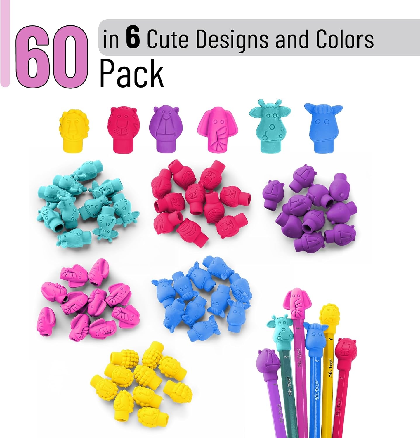 image:imageMr Pen Animal Pencil Top Eraser 60 Pack 6 Assorted Styles  Colorful Cute Animal Designs LatexFree NonToxic Cap Pencil Erasers for Kids TeachersCandy