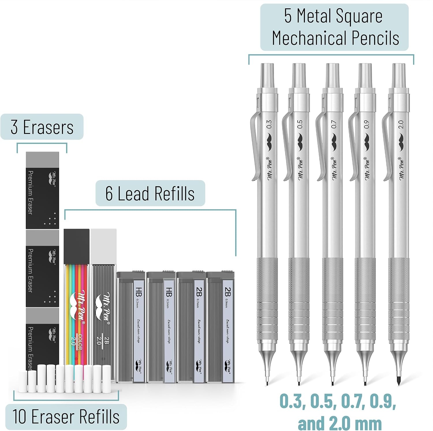 image:imageMr Pen Professional Metal Mechanical Pencil Set with Lead Refills amp Erase  rs 5 Pack 5 Sizes 03 05 07 09 amp 2mm 6x Tubes HB 2B amp Colored Lead Refills for School Supplies Drawing Sketching