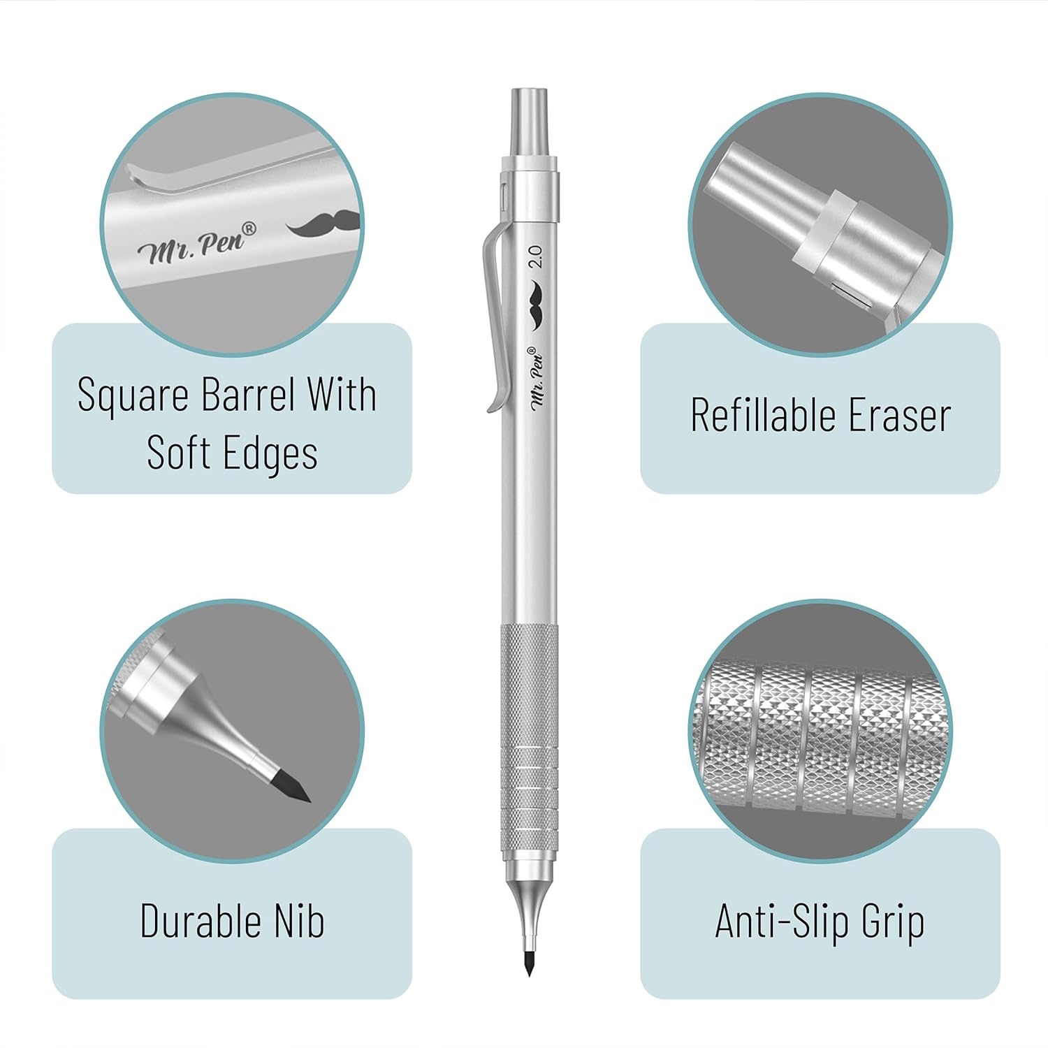 image:imageMr Pen Professional Metal Mechanical Pencil Set with Lead Refills amp Erase  rs 5 Pack 5 Sizes 03 05 07 09 amp 2mm 6x Tubes HB 2B amp Colored Lead Refills for School Supplies Drawing Sketching