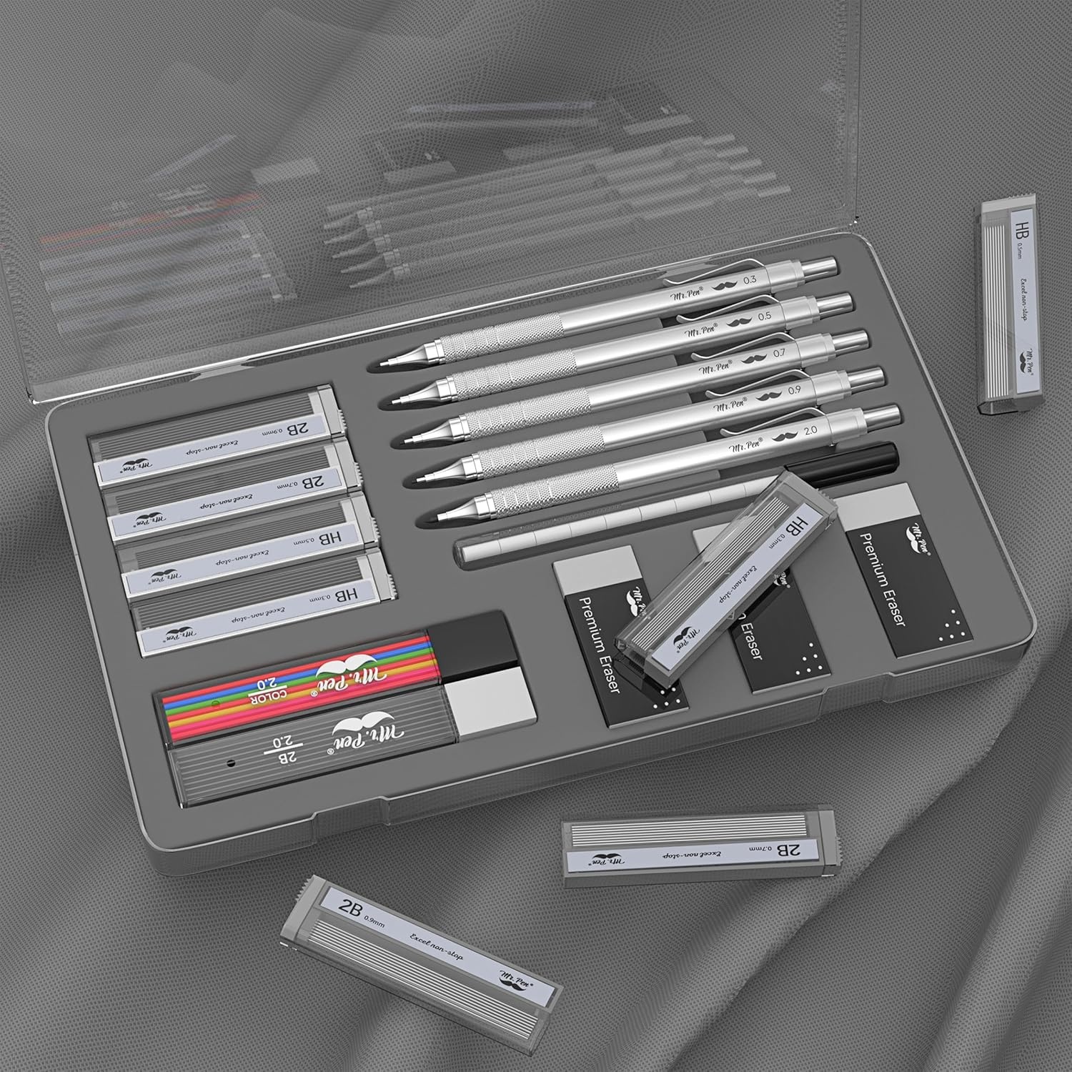 image:imageMr Pen Professional Metal Mechanical Pencil Set with Lead Refills amp Erase  rs 5 Pack 5 Sizes 03 05 07 09 amp 2mm 6x Tubes HB 2B amp Colored Lead Refills for School Supplies Drawing Sketching