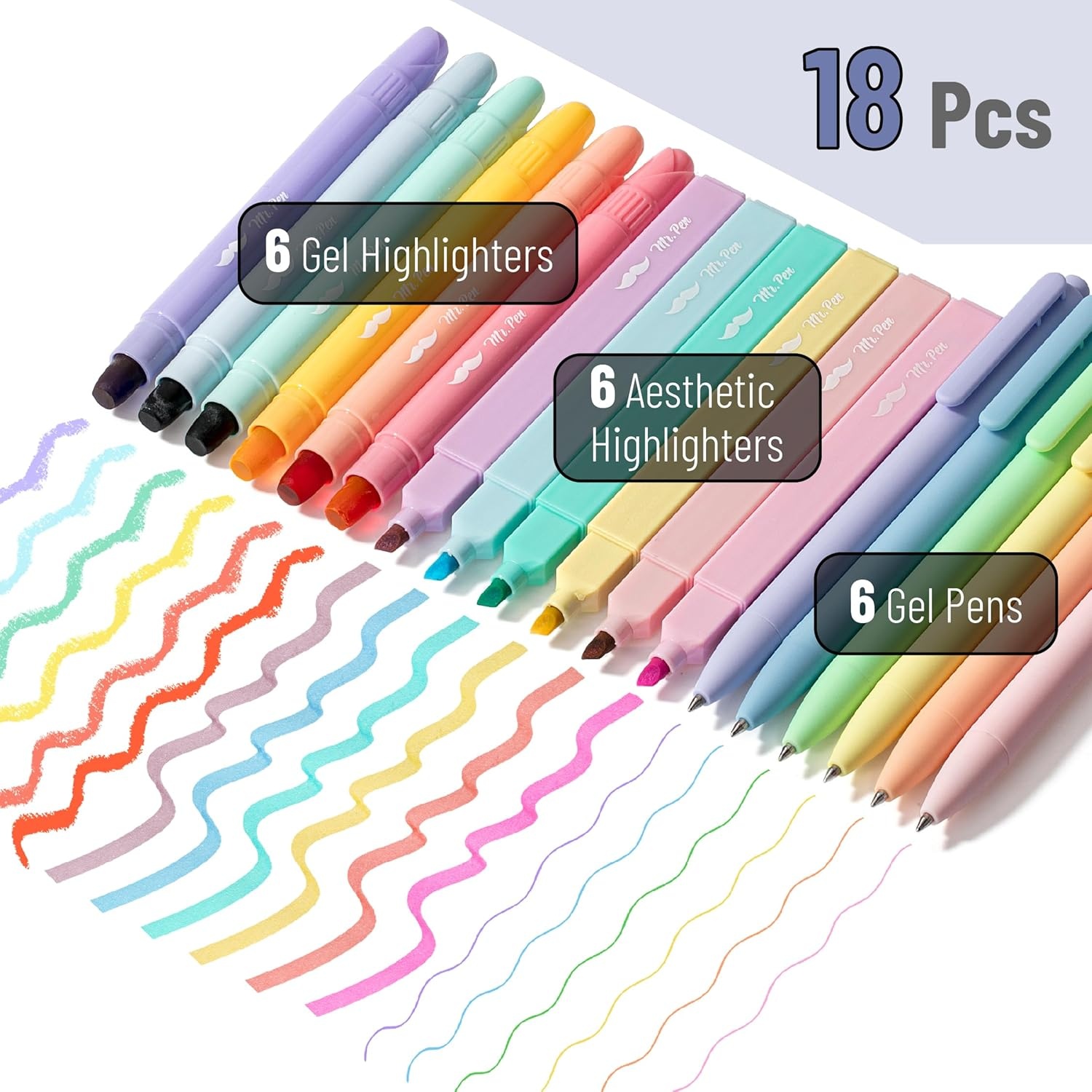image:imageMr Pen Aesthetic Highlighters and Gel Pens 18 Pack  Pastel Colors Bible Highlighters No Bleed Colored Ink Gel Pens Fast Dry and No Smear for Bible Journaling PlannerPastel and Vibrant