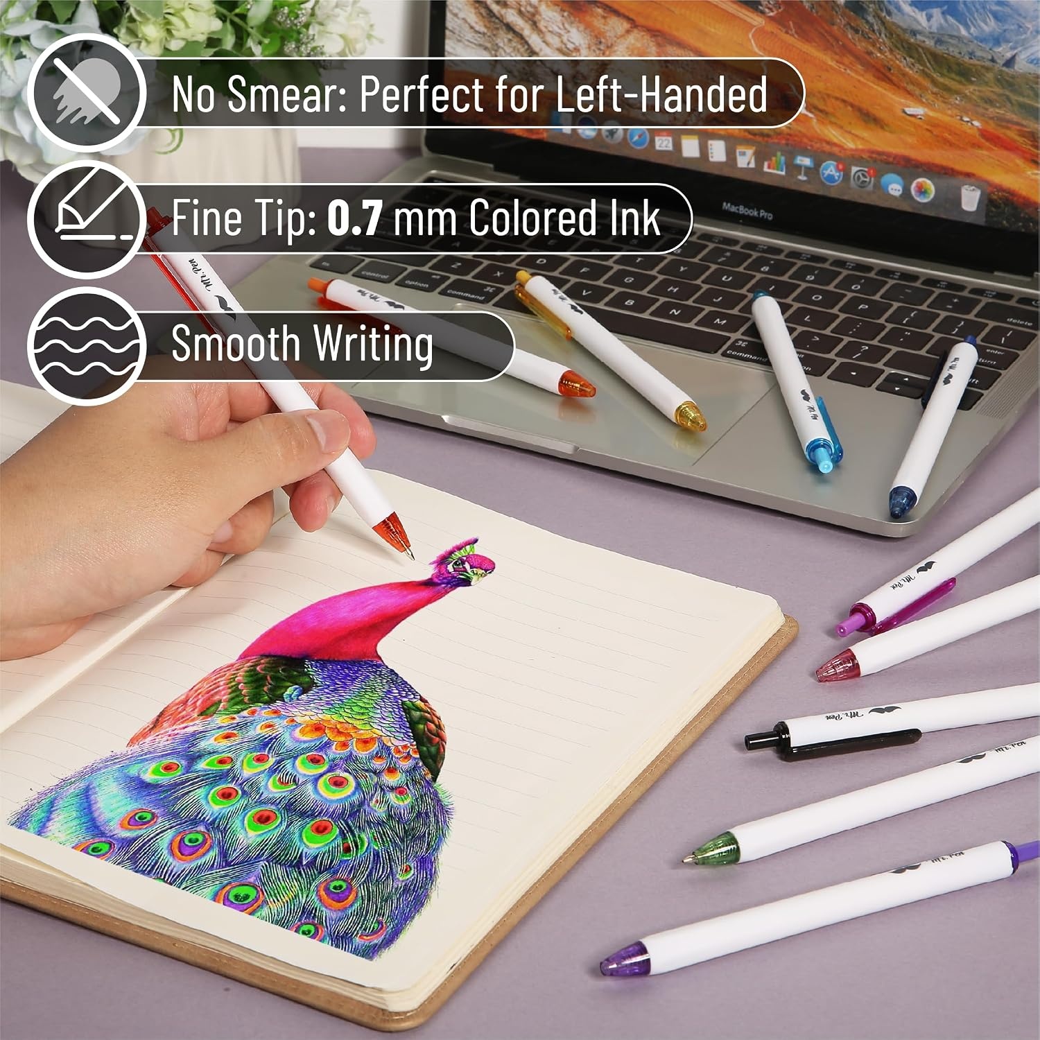 image:imageMr Pen Cute Ballpoint Pens Assorted Color Ink 07mm  10 Colorful Ink Ballpoint Pens with Case and 12 Refills Cute Pens for Journaling