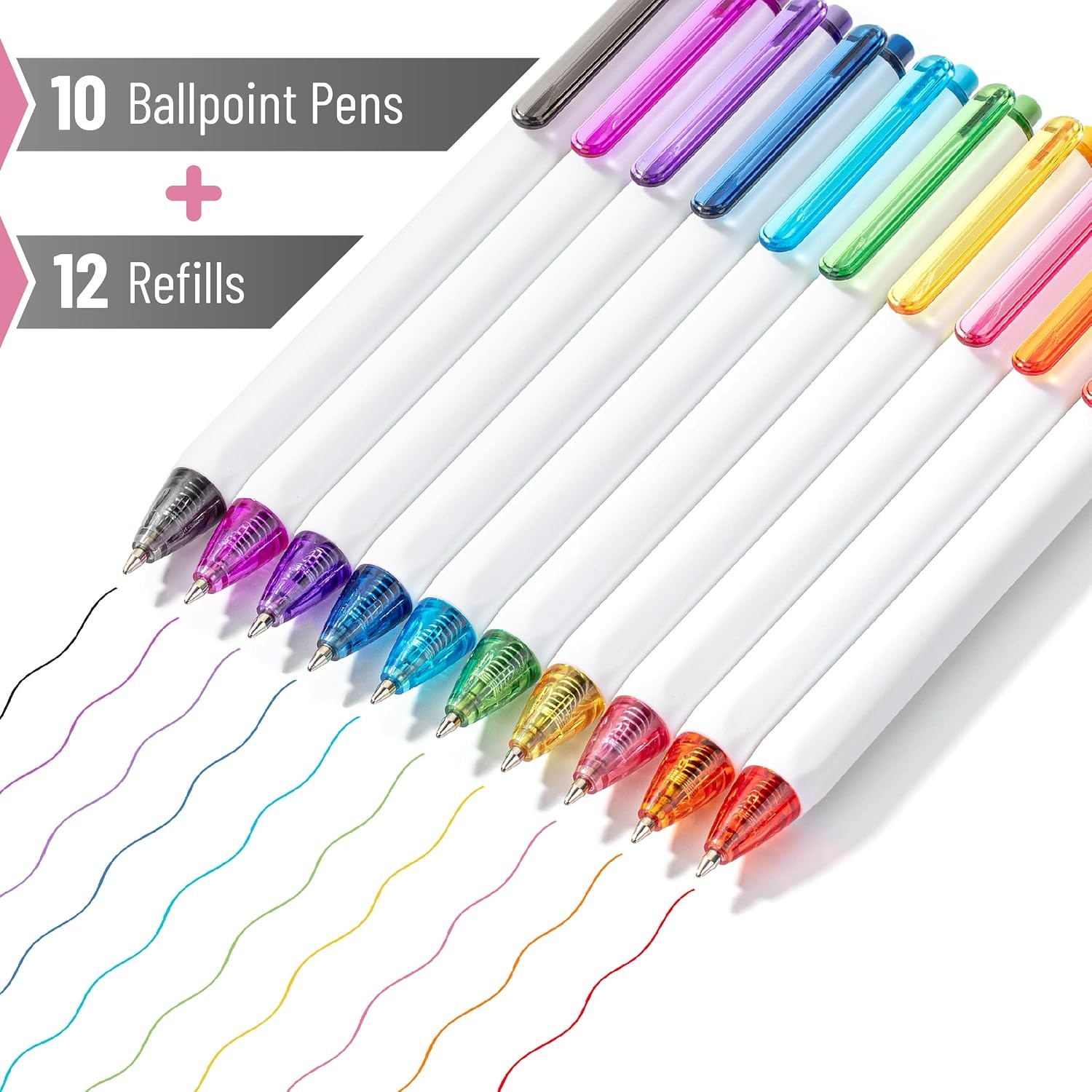 image:imageMr Pen Cute Ballpoint Pens Assorted Color Ink 07mm  10 Colorful Ink Ballpoint Pens with Case and 12 Refills Cute Pens for Journaling