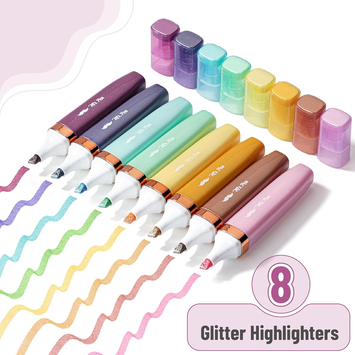 image:imageMr Pen Glitter Highlighters 8 Pack Pastel amp Metallic Colors  Chisel Tip Glitter Highlighter Markers for Journaling Notes Planners amp Creative Highlighting