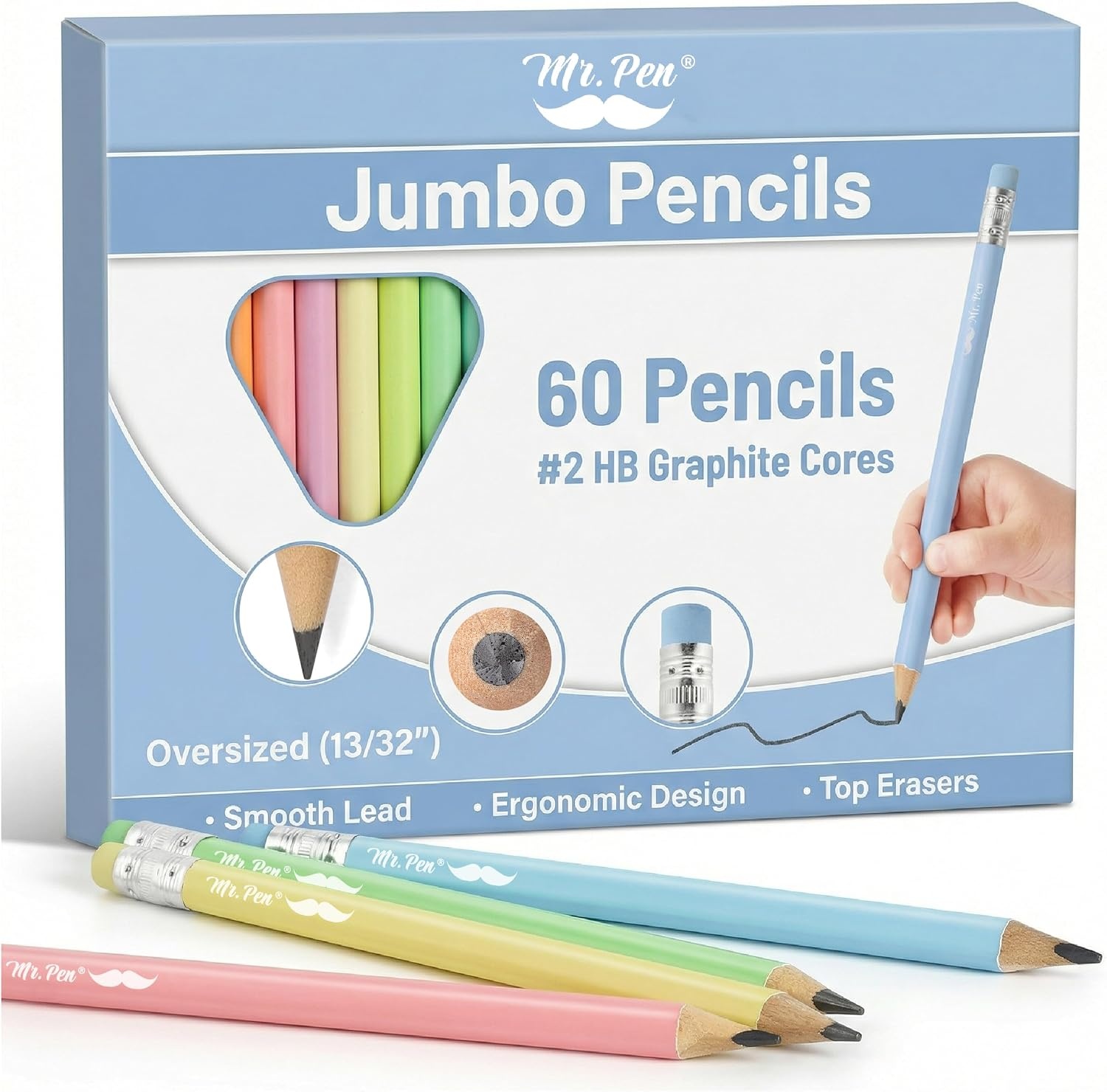 image:imageMr Pen Jumbo Pencils 30 Pack Colorful Barrels  Smooth Black 2 HB Graphite Cores Large Preschool Pencils Smooth Writing Lead for Kindergarten Kids and School SuppliesSoft Pastel Barrels