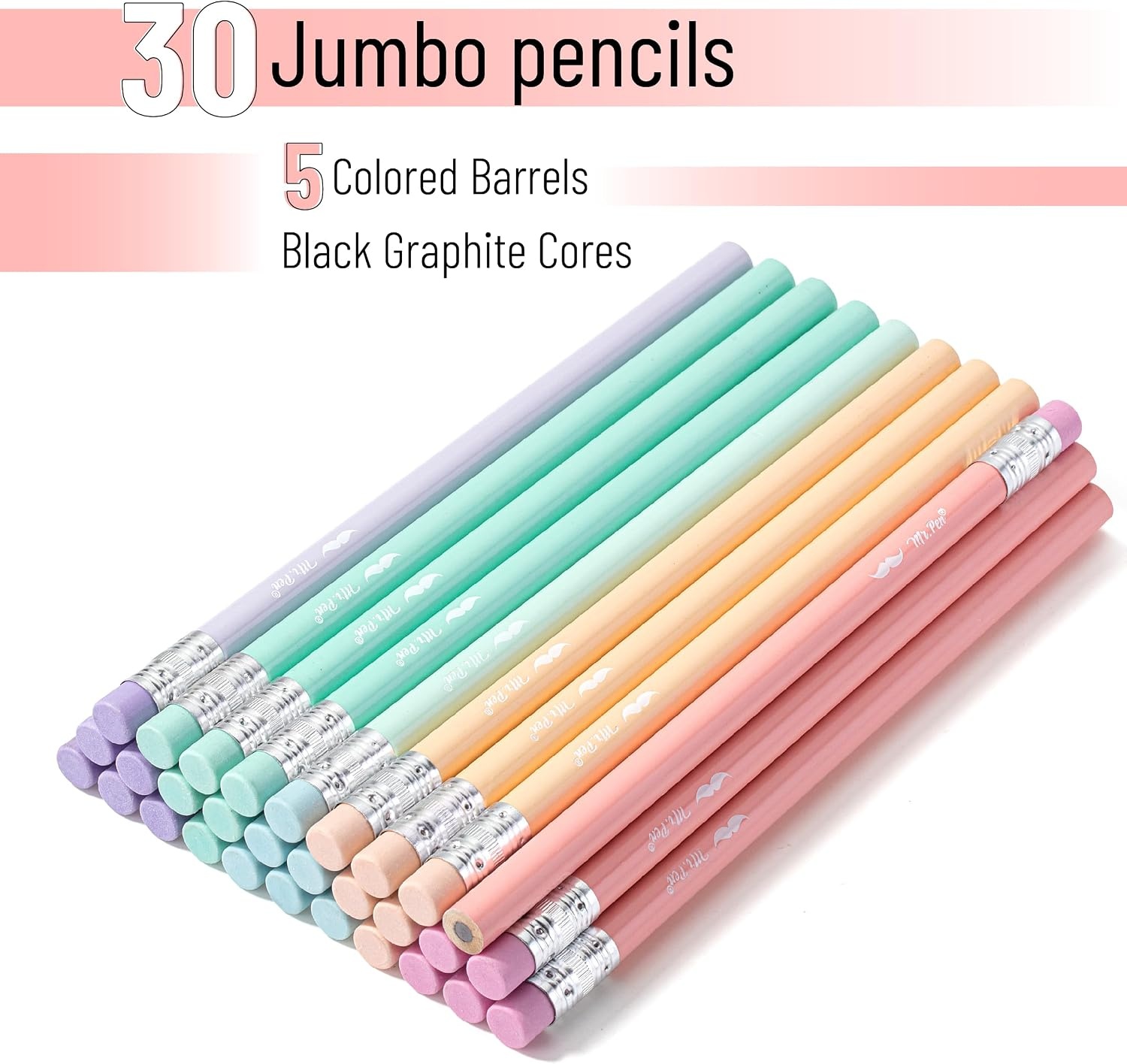 image:imageMr Pen Jumbo Pencils 30 Pack Colorful Barrels  Smooth Black 2 HB Graphite Cores Large Preschool Pencils Smooth Writing Lead for Kindergarten Kids and School SuppliesSoft Pastel Barrels