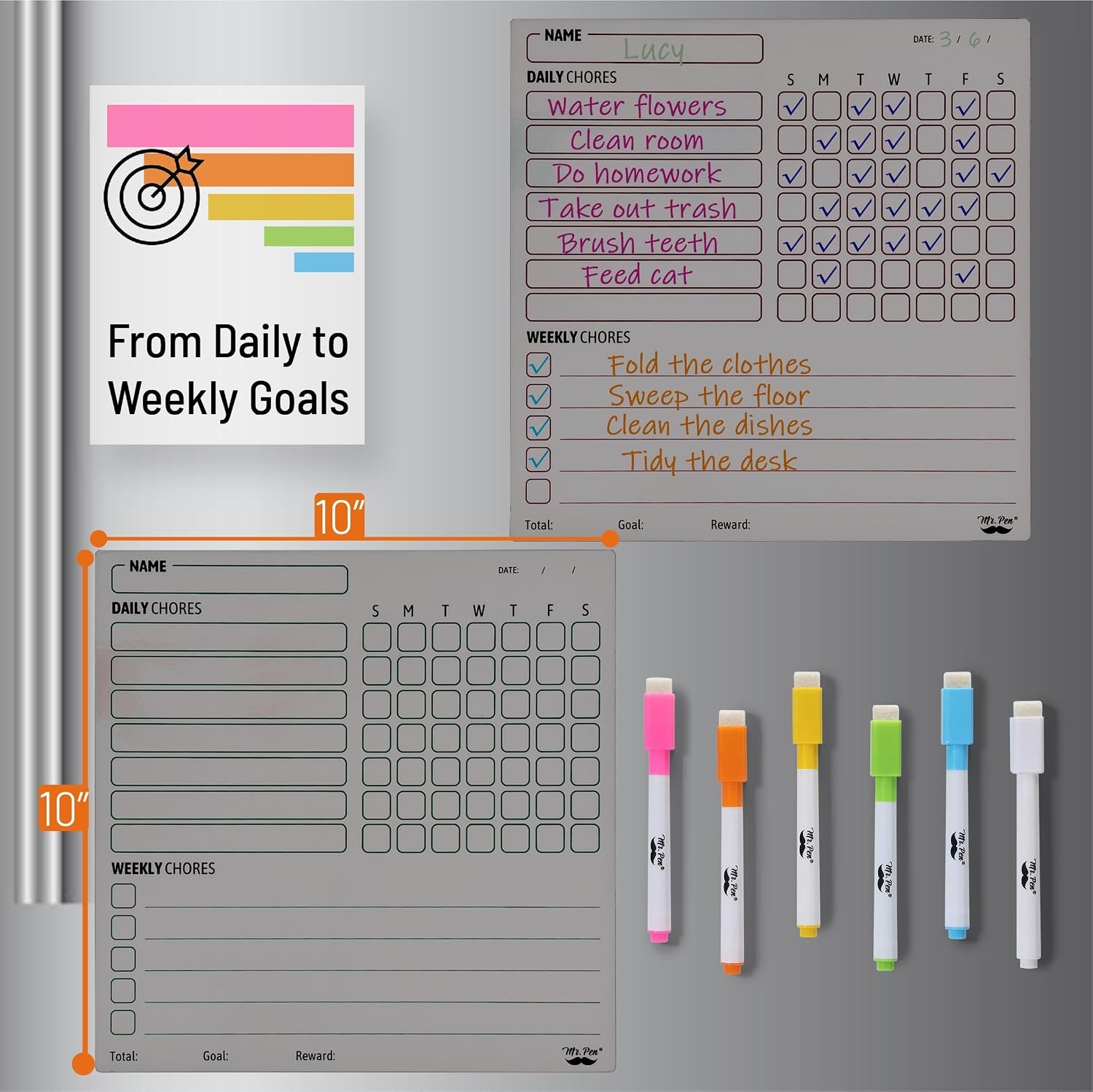 image:imageMr Pen Magnetic Dry Erase Chore Chart for Fridge 10x10 2 Pack  6x Fine Point Markers Refrigerator Magnetic Chore Chart Dry Erase for Multiple Kids Teens and AdultsSilver