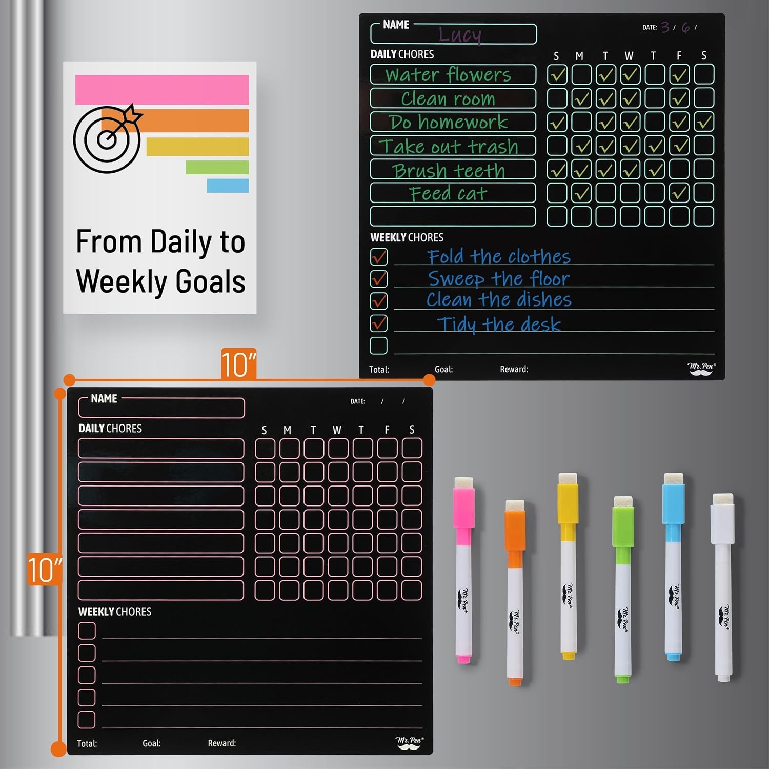 image:imageMr Pen Magnetic Dry Erase Chore Chart for Fridge 10x10 2 Pack  6x Fine Point Markers Refrigerator Magnetic Chore Chart Dry Erase for Multiple Kids Teens and AdultsBlack