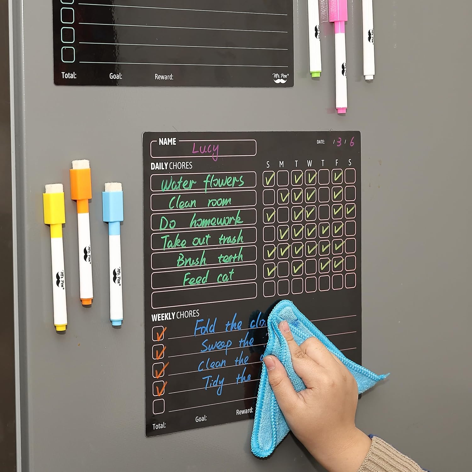 image:imageMr Pen Magnetic Dry Erase Chore Chart for Fridge 10x10 2 Pack  6x Fine Point Markers Refrigerator Magnetic Chore Chart Dry Erase for Multiple Kids Teens and AdultsBlack