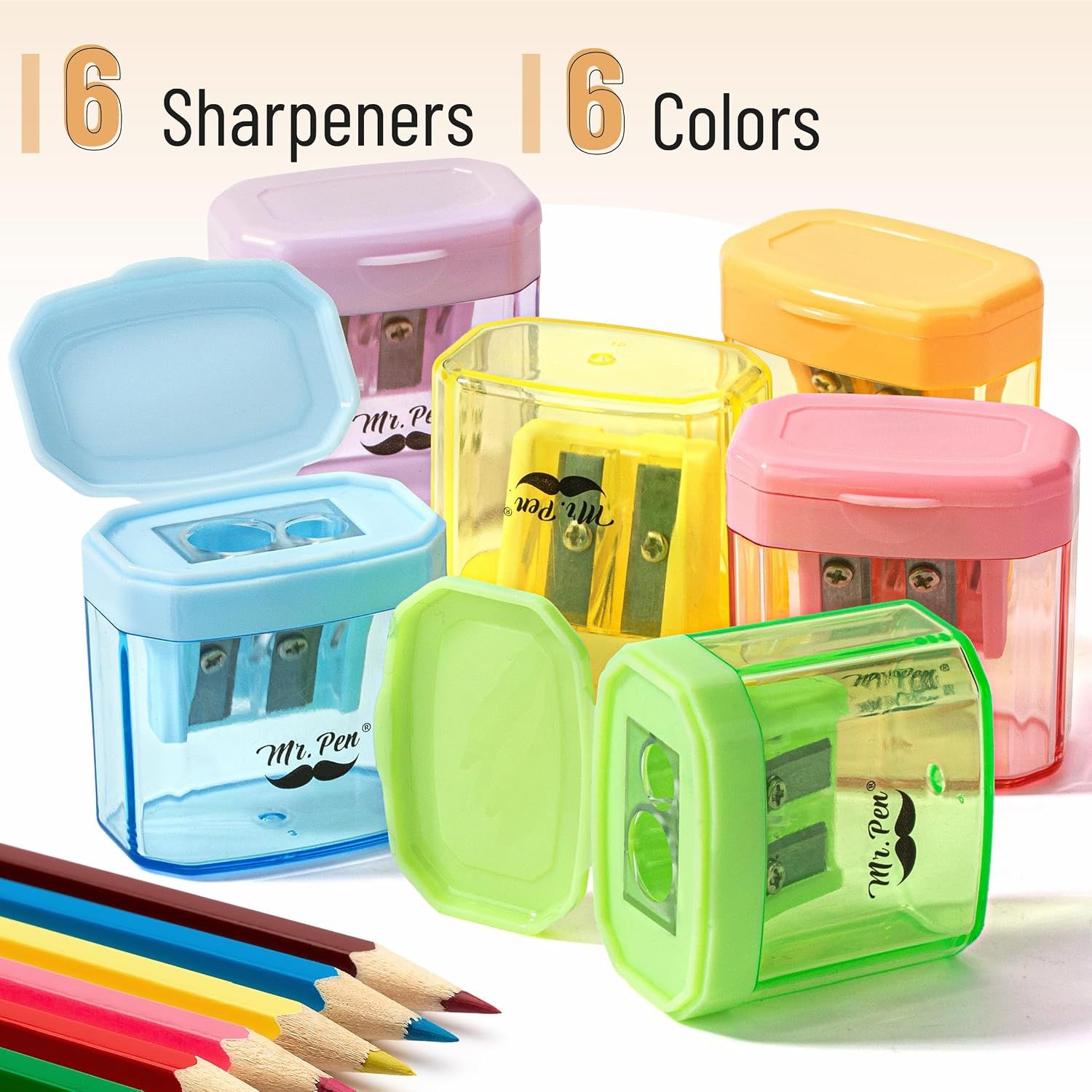 image:imageMr Pen Manual Pencil Sharpener 6 Pack Colorful Dual Holes  Compatible with Standard and Jumbo Pencils Snapon Lid Colored Handheld Pencil Sharpener for Artists ClassroomMulticolor