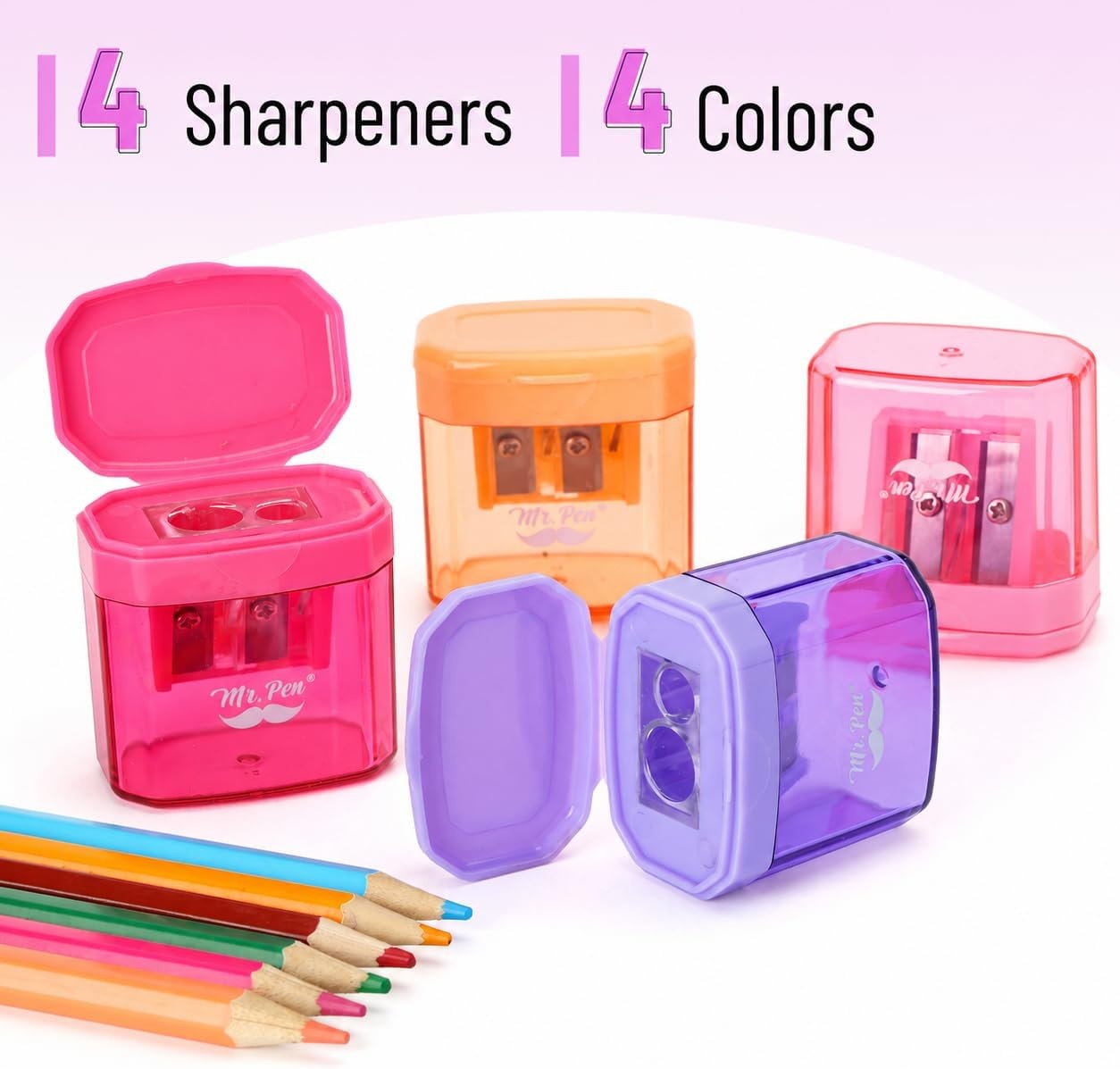 image:imageMr Pen Manual Pencil Sharpener 6 Pack Colorful Dual Holes  Compatible with Standard and Jumbo Pencils Snapon Lid Colored Handheld Pencil Sharpener for Artists ClassroomCandy Bloom