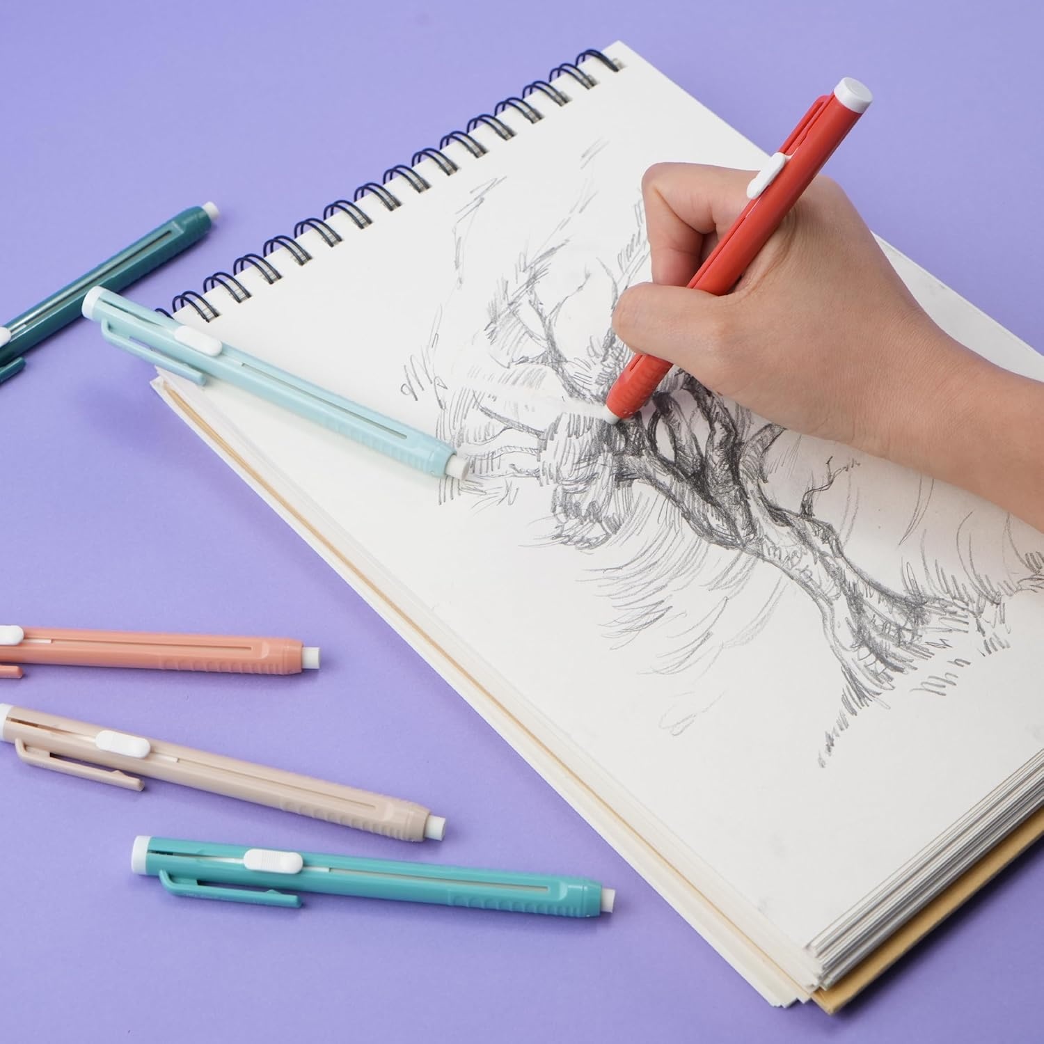 image:imageMr Pen Retractable Mechanical Eraser Pen 6 Pack Earthy Colors Erasers for Pencils Eraser for ArtistsCoral