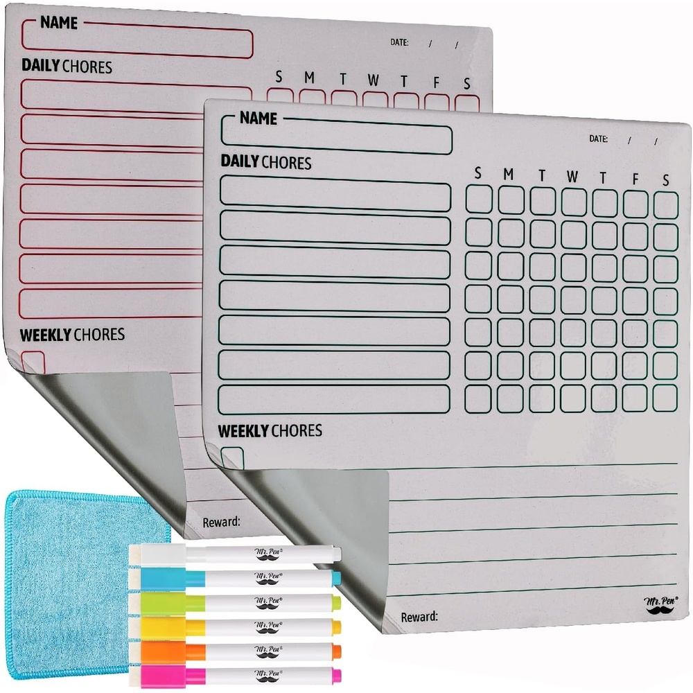 image:imageMr Pen Magnetic Dry Erase Chore Chart for Fridge 10x10 2 Pack  6x Fine Point Markers Refrigerator Magnetic Chore Chart Dry Erase for Multiple Kids Teens and AdultsSilver